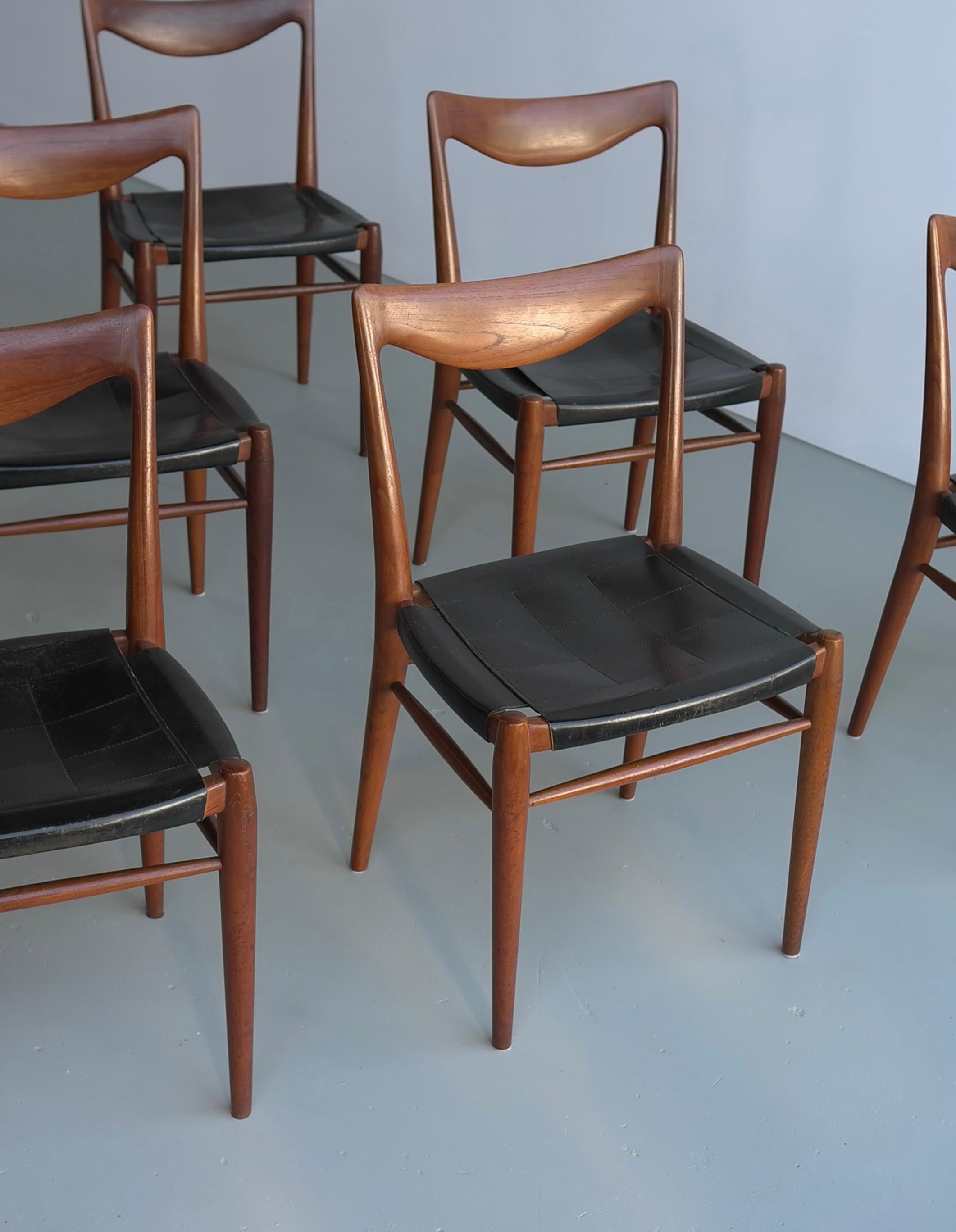 Rastad and Relling Six Bambi Chairs in Teak and Black Leather by Gustav Bahus For Sale 9