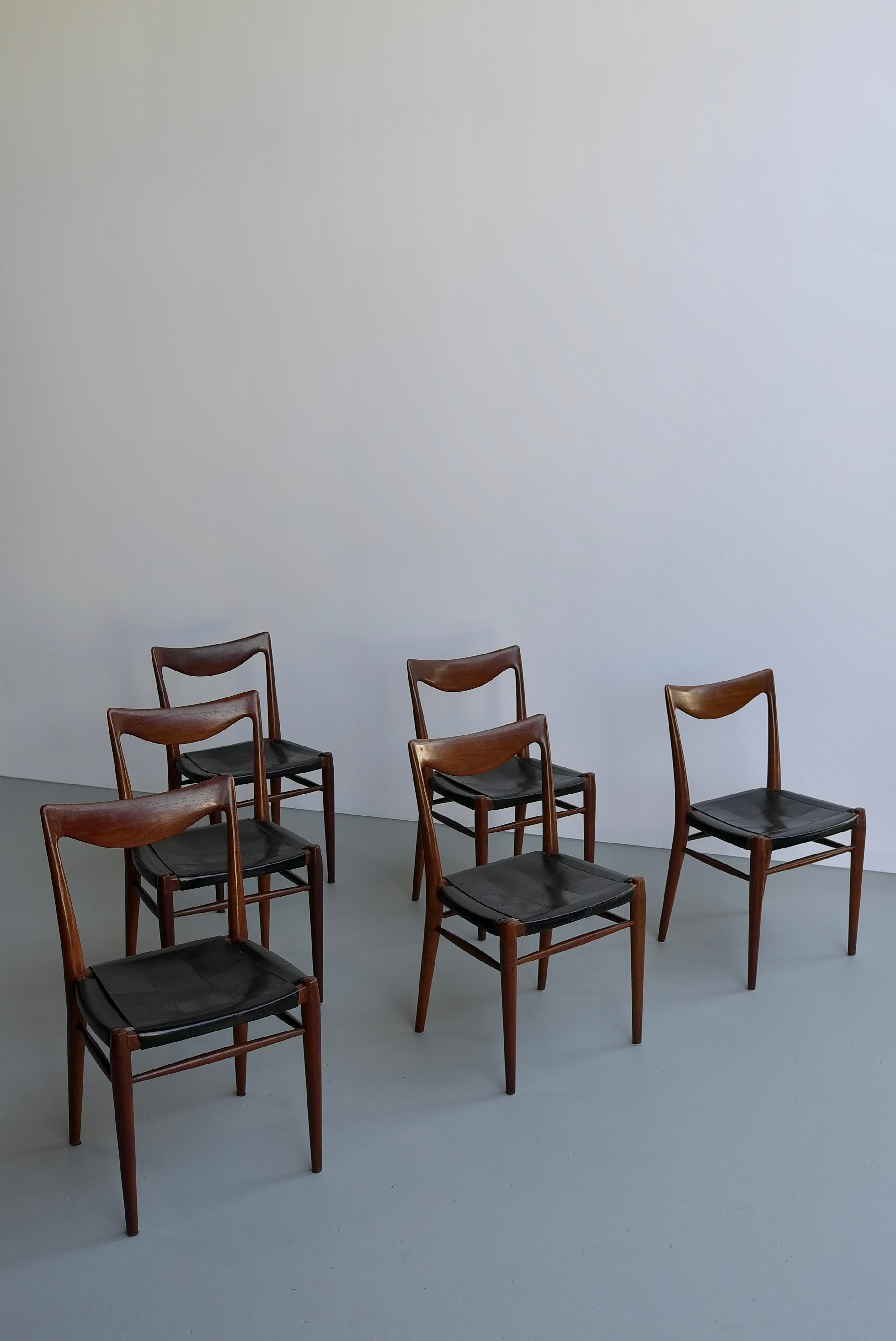 Rastad and Relling Six Bambi Chairs in Teak and Black Leather by Gustav Bahus For Sale 10