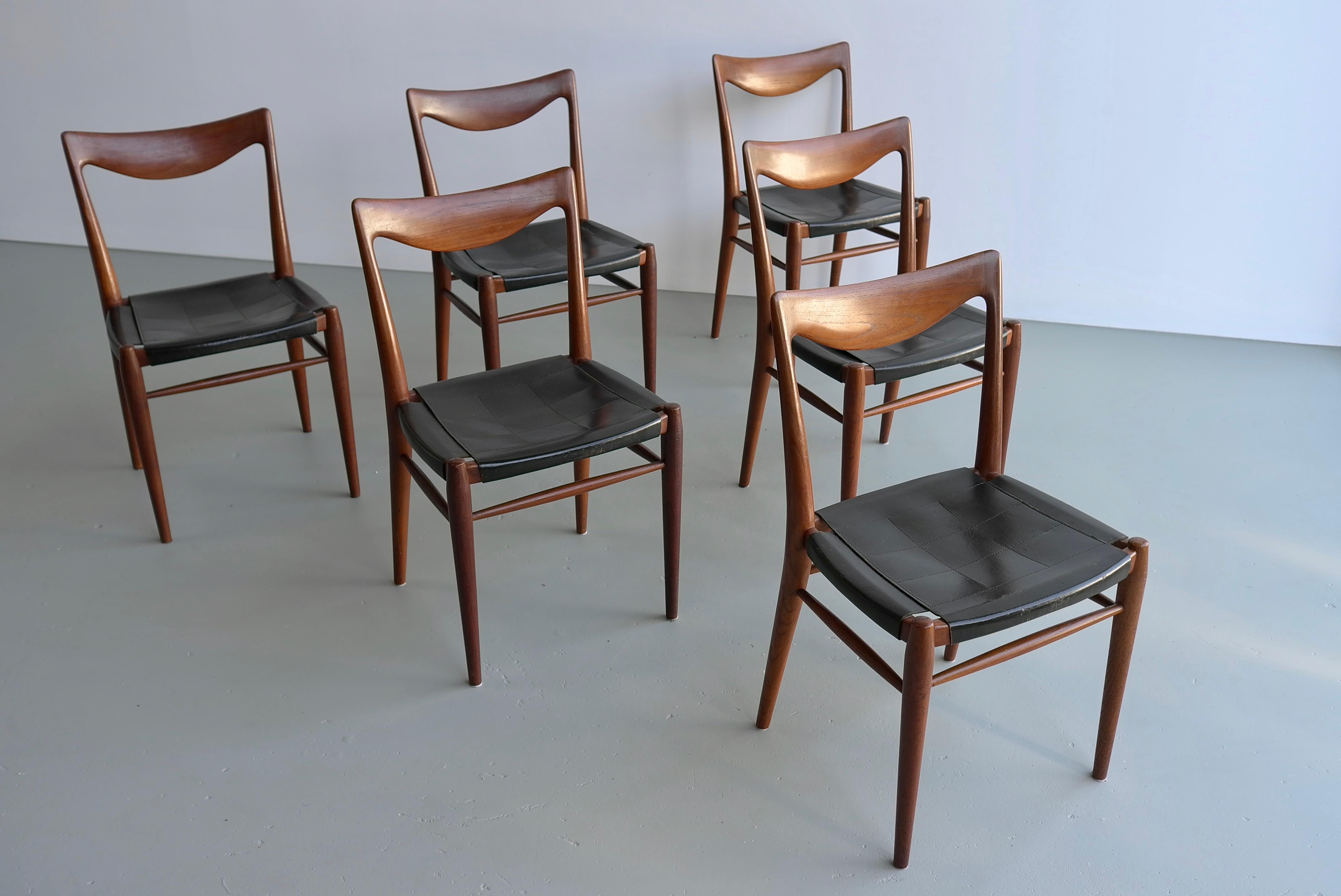 Rastad and Relling Six Bambi Chairs in Teak and Black Leather by Gustav Bahus For Sale 5