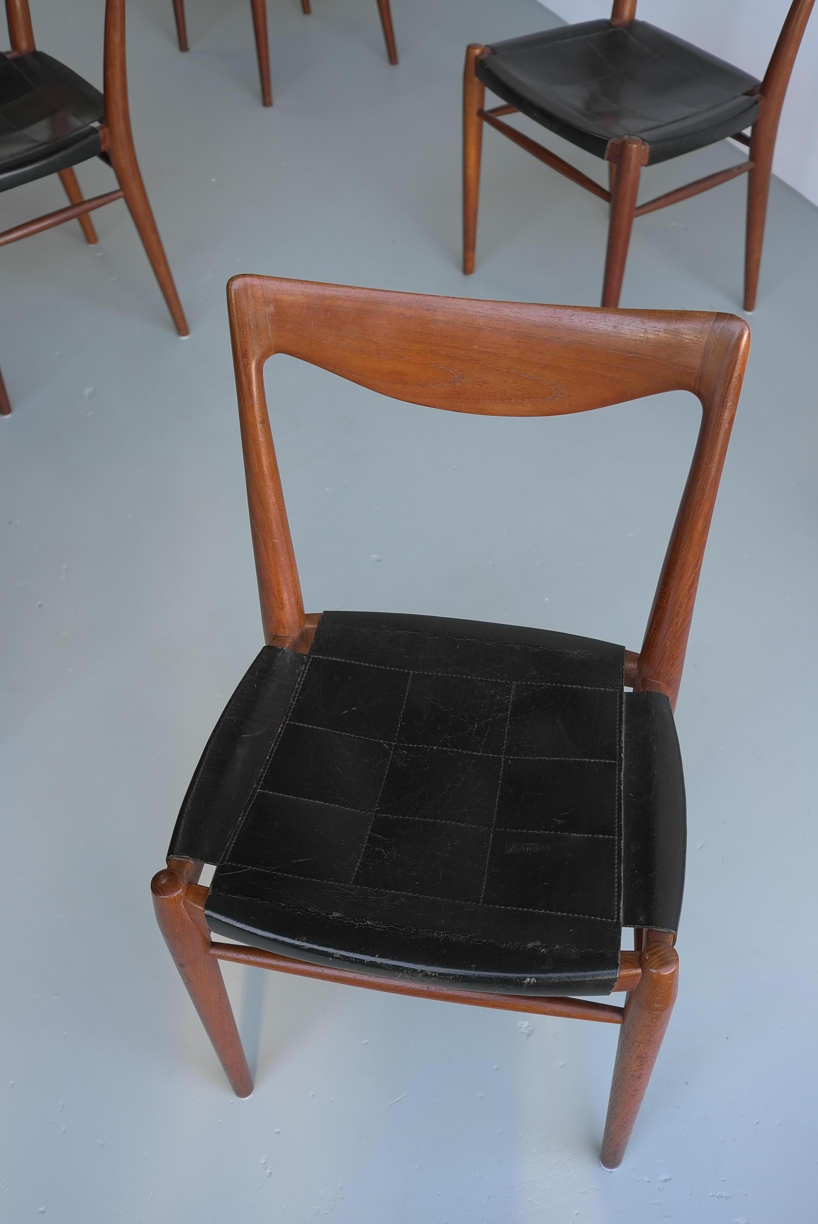 Norwegian Rastad and Relling Six Bambi Chairs in Teak and Black Leather by Gustav Bahus For Sale