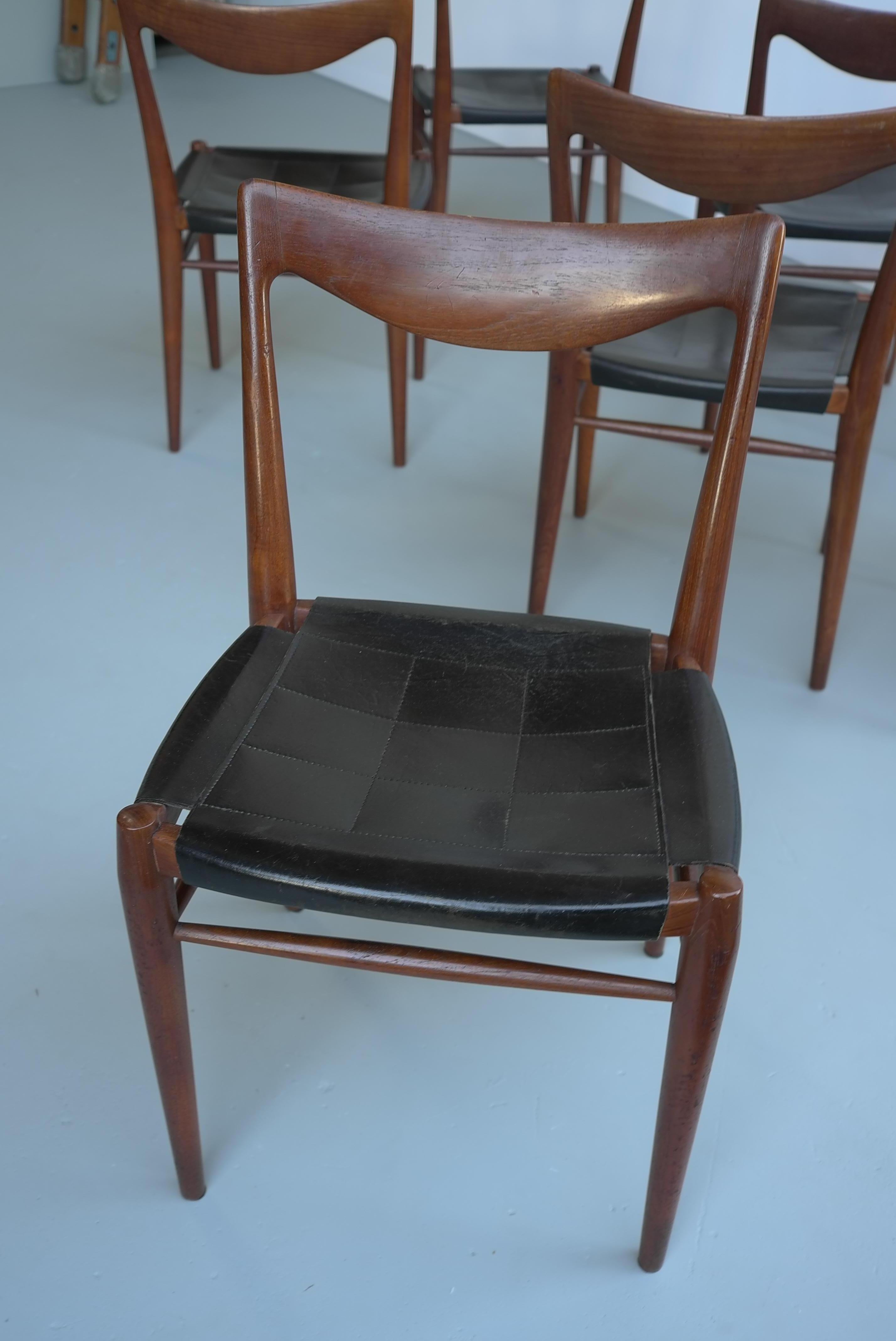 Rastad and Relling Six Bambi Chairs in Teak and Black Leather by Gustav Bahus For Sale 1