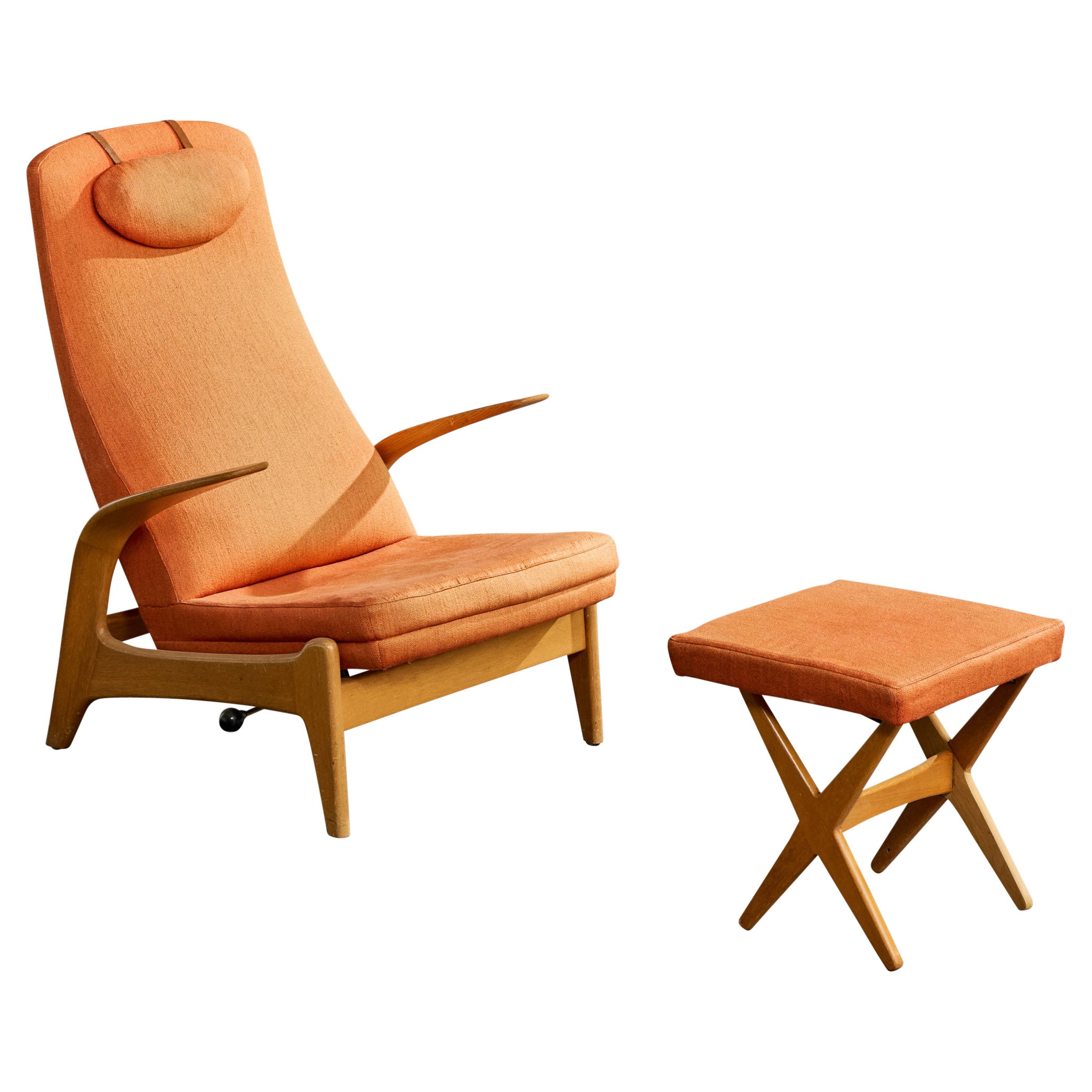 Rastad
Relling, Lounge Chair with Ottoman, Oak, Fabric, Sweden, 1960s