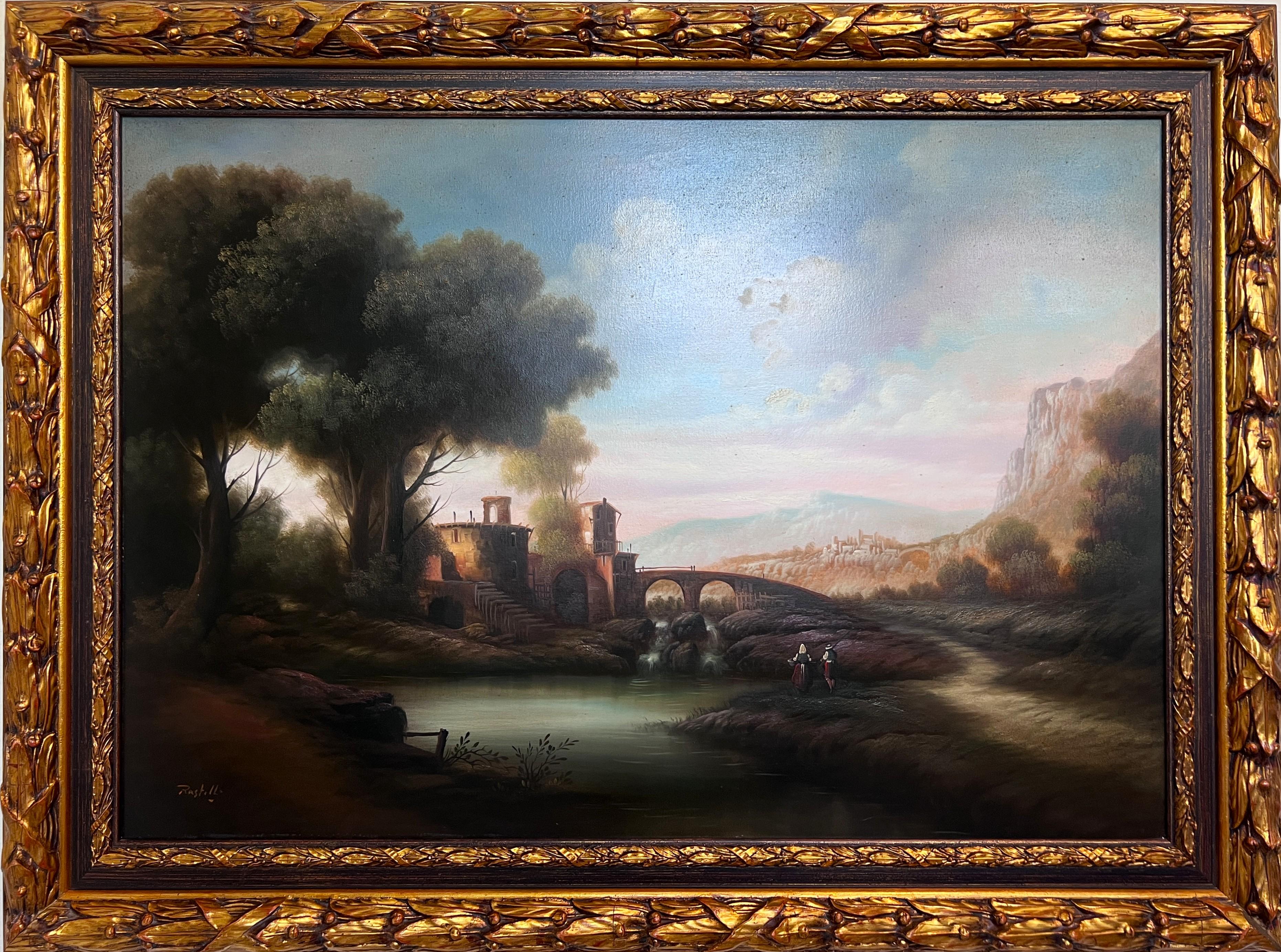 Antique Italian Landscape Oil Painting Signed Rastelli, Vintage Framed Art For Sale 1