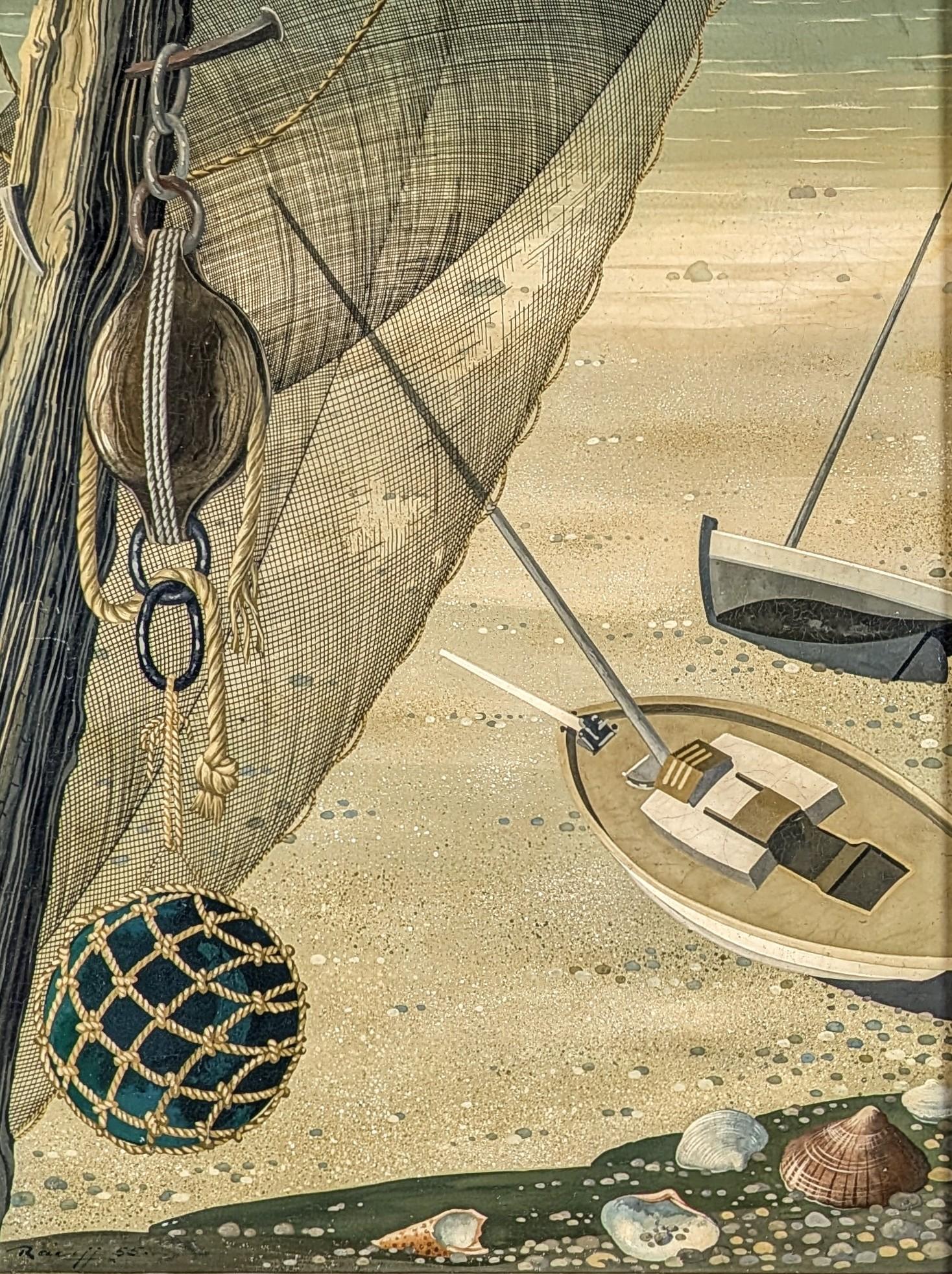 Natura morta - dipinto ad olio della metà del XX secolo, barche naïf russe sulla spiaggia - Painting di Rastislaw Racoff