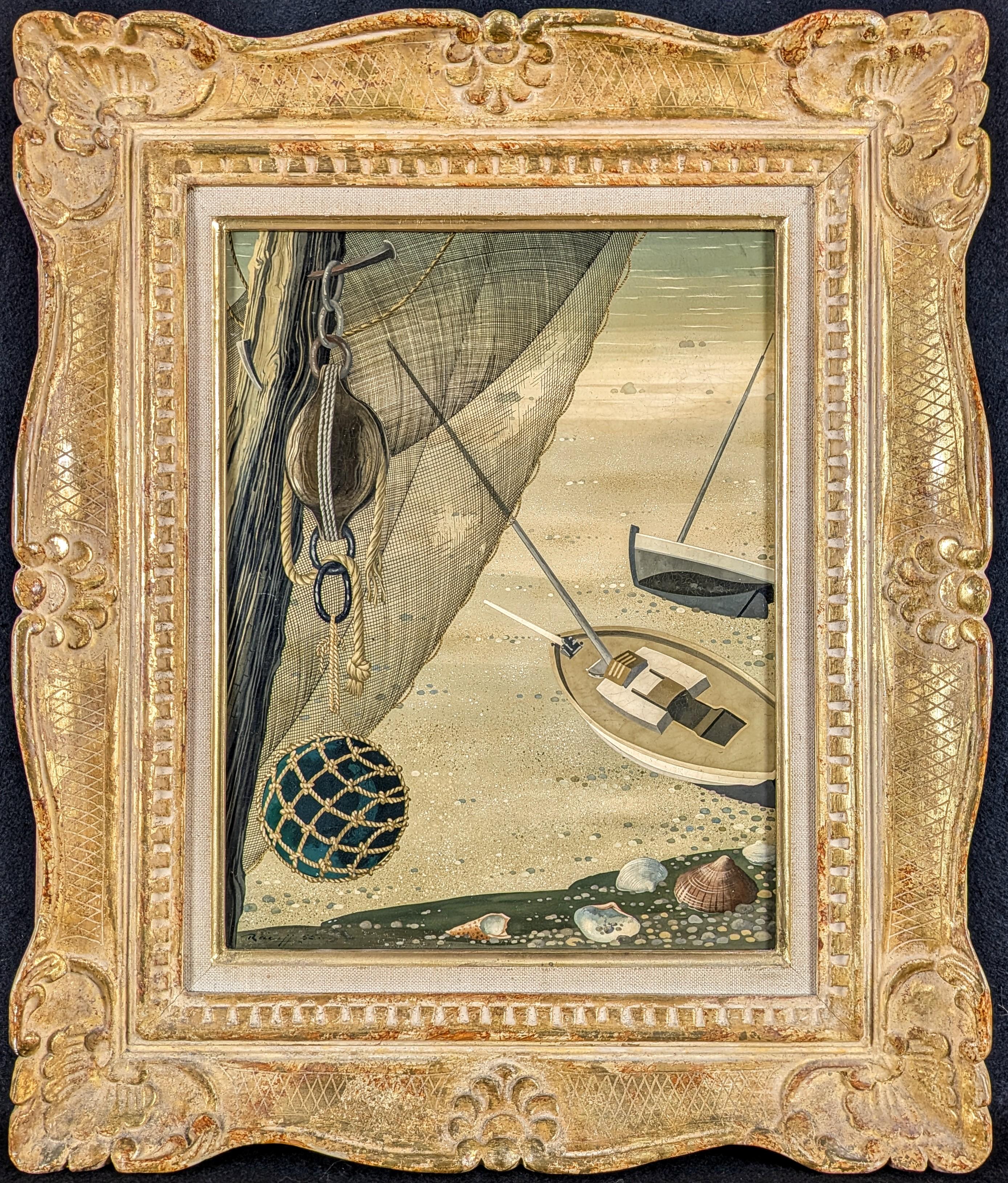 Landscape Painting di Rastislaw Racoff - Natura morta - dipinto ad olio della metà del XX secolo, barche naïf russe sulla spiaggia