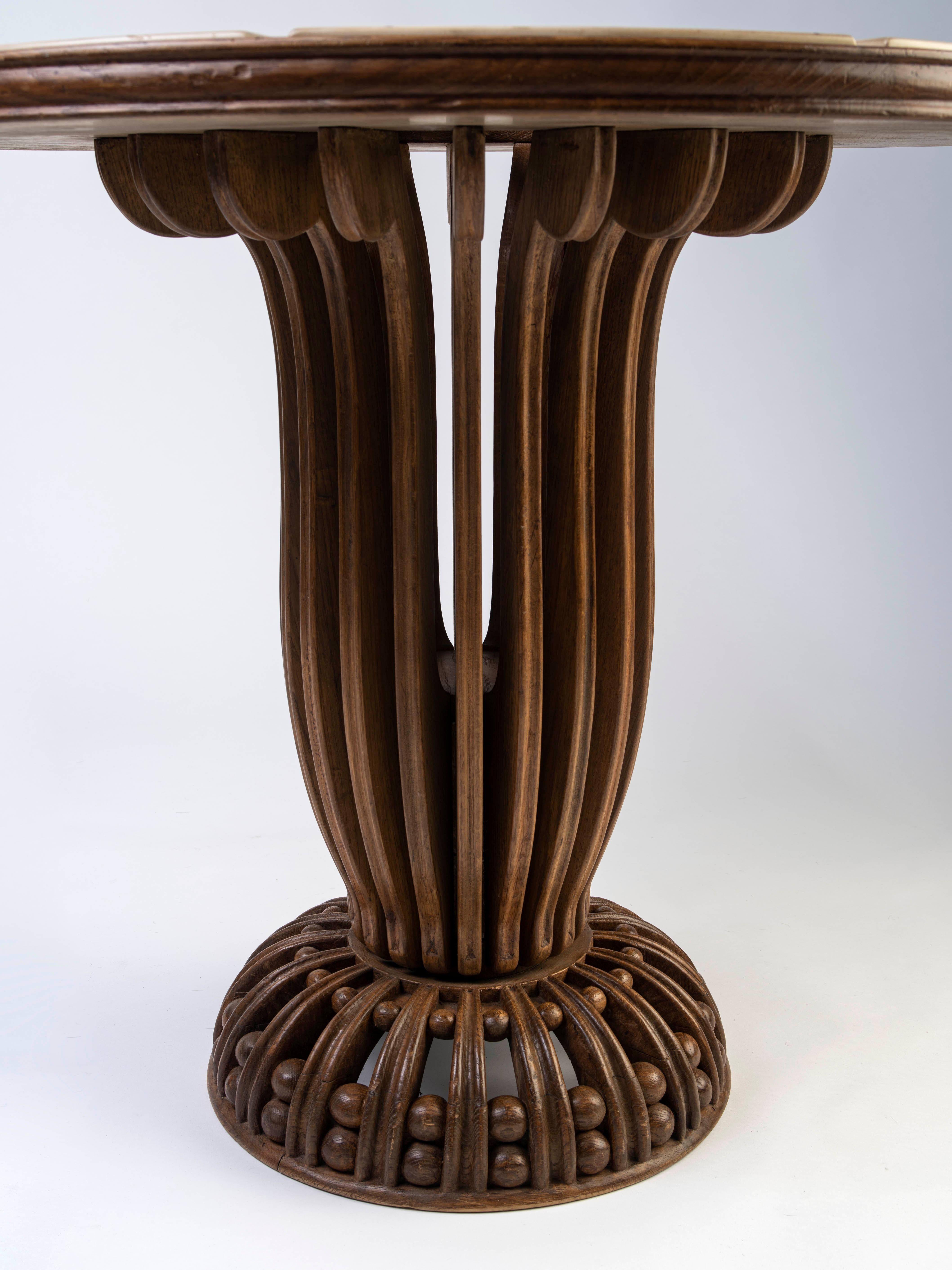 French Rateau Oak and Marble Pedestal Table For Sale