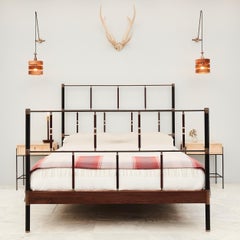Rathan Leather, Brass and Walnut Bed