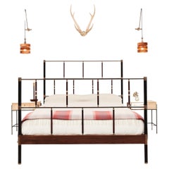 Rathan Leather, Brass and Walnut Bed