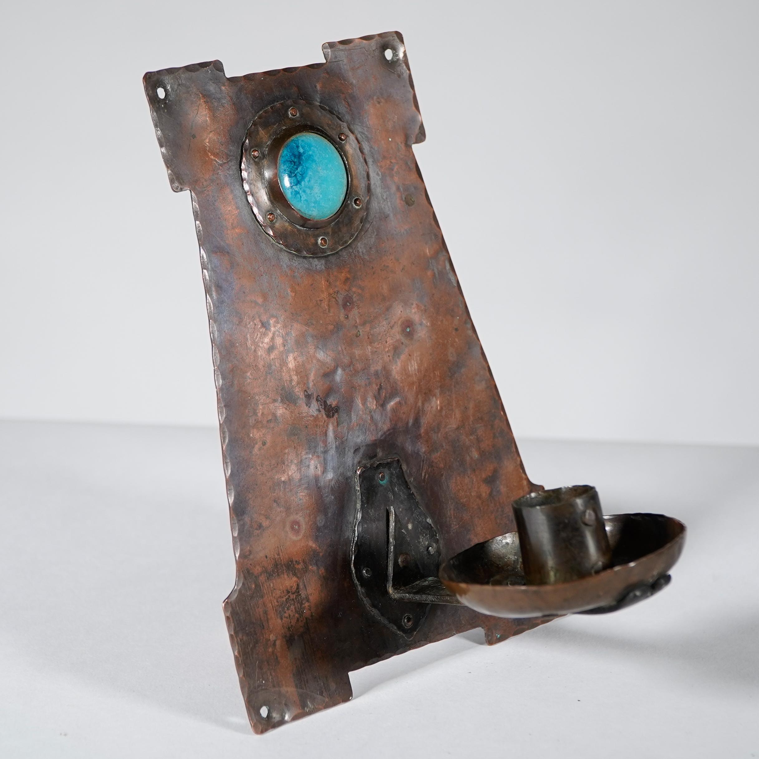 Arts and Crafts Rathbone attri. An Arts & Crafts 'A frame' copper wall sconce with ruskin jewel For Sale