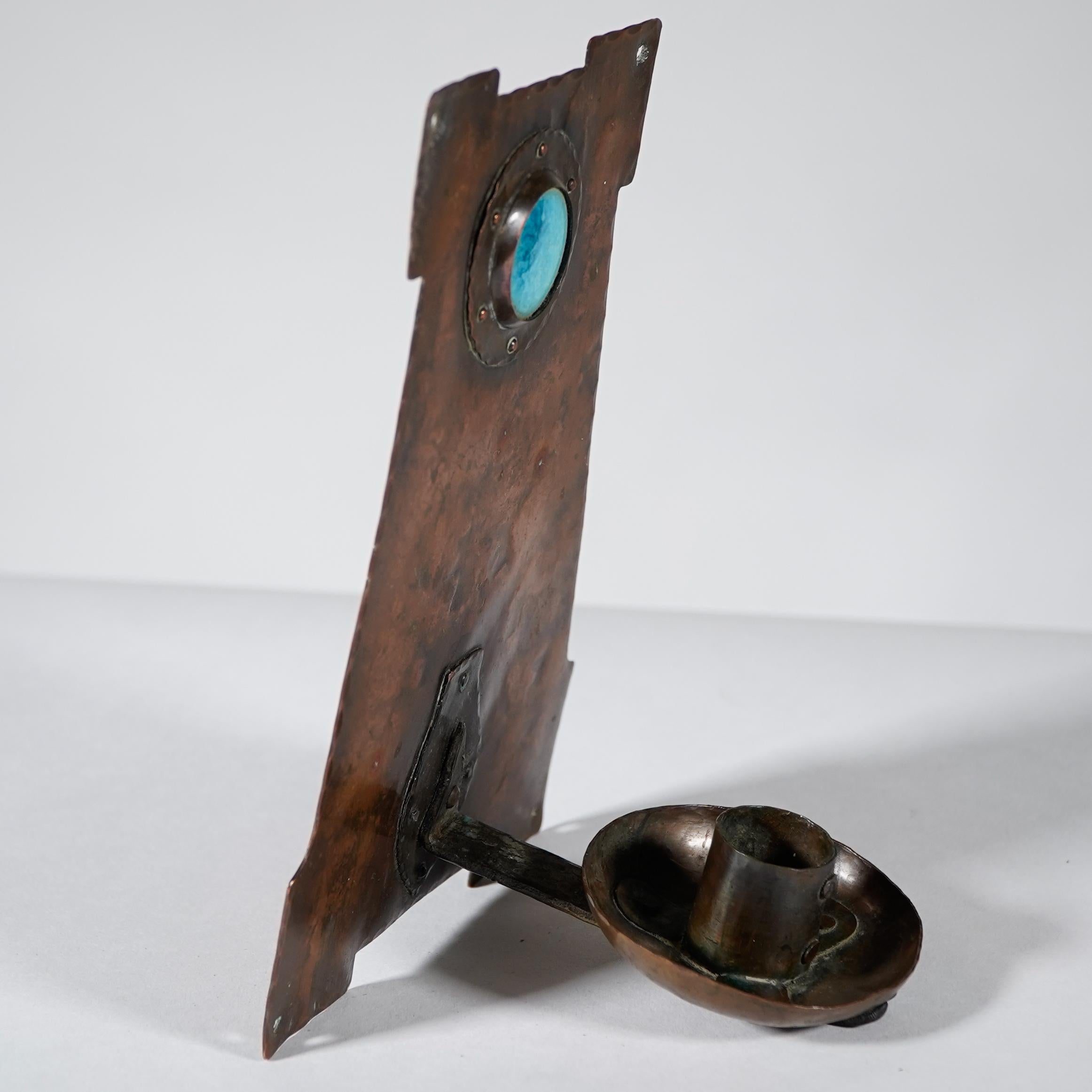 English Rathbone attri. An Arts & Crafts 'A frame' copper wall sconce with ruskin jewel For Sale