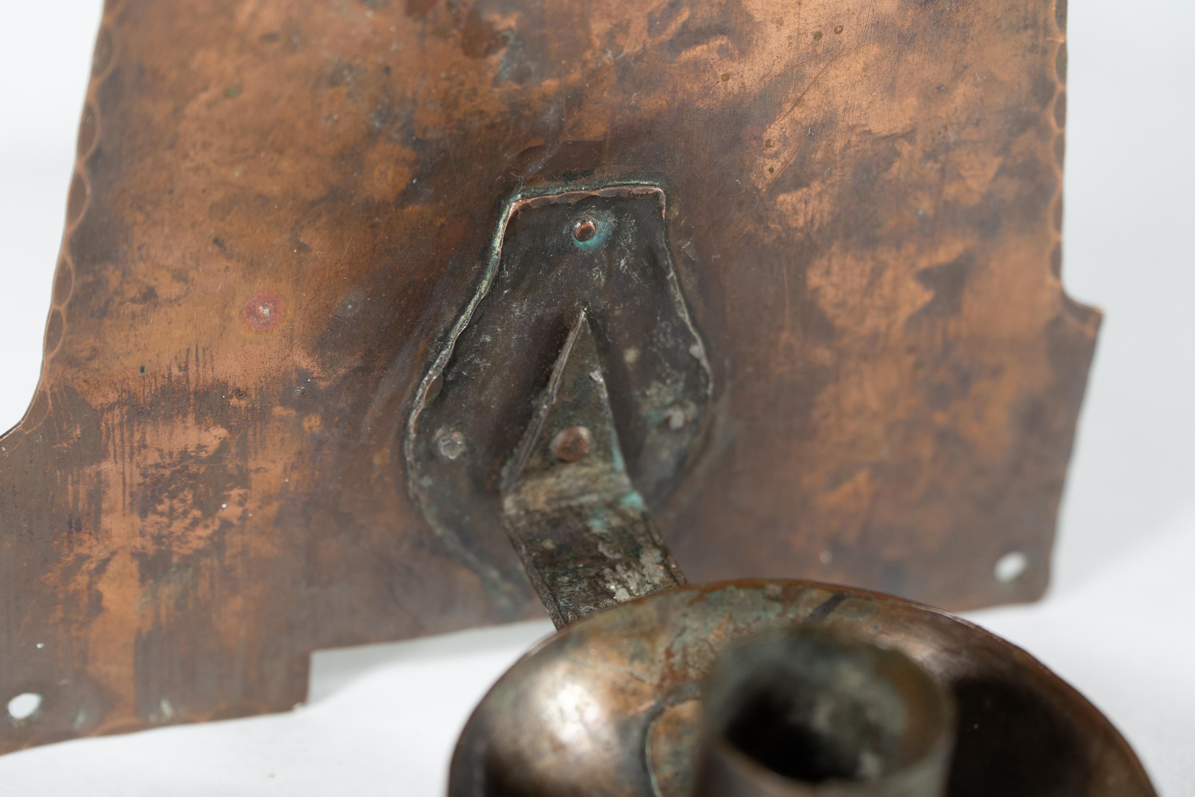 Rathbone attri. An Arts & Crafts 'A frame' copper wall sconce with ruskin jewel For Sale 2