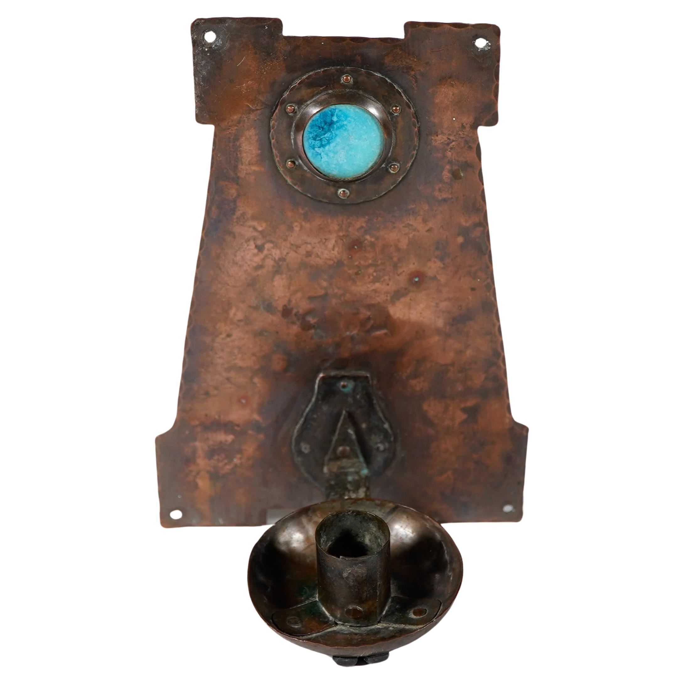 Rathbone attri. An Arts & Crafts 'A frame' copper wall sconce with ruskin jewel For Sale