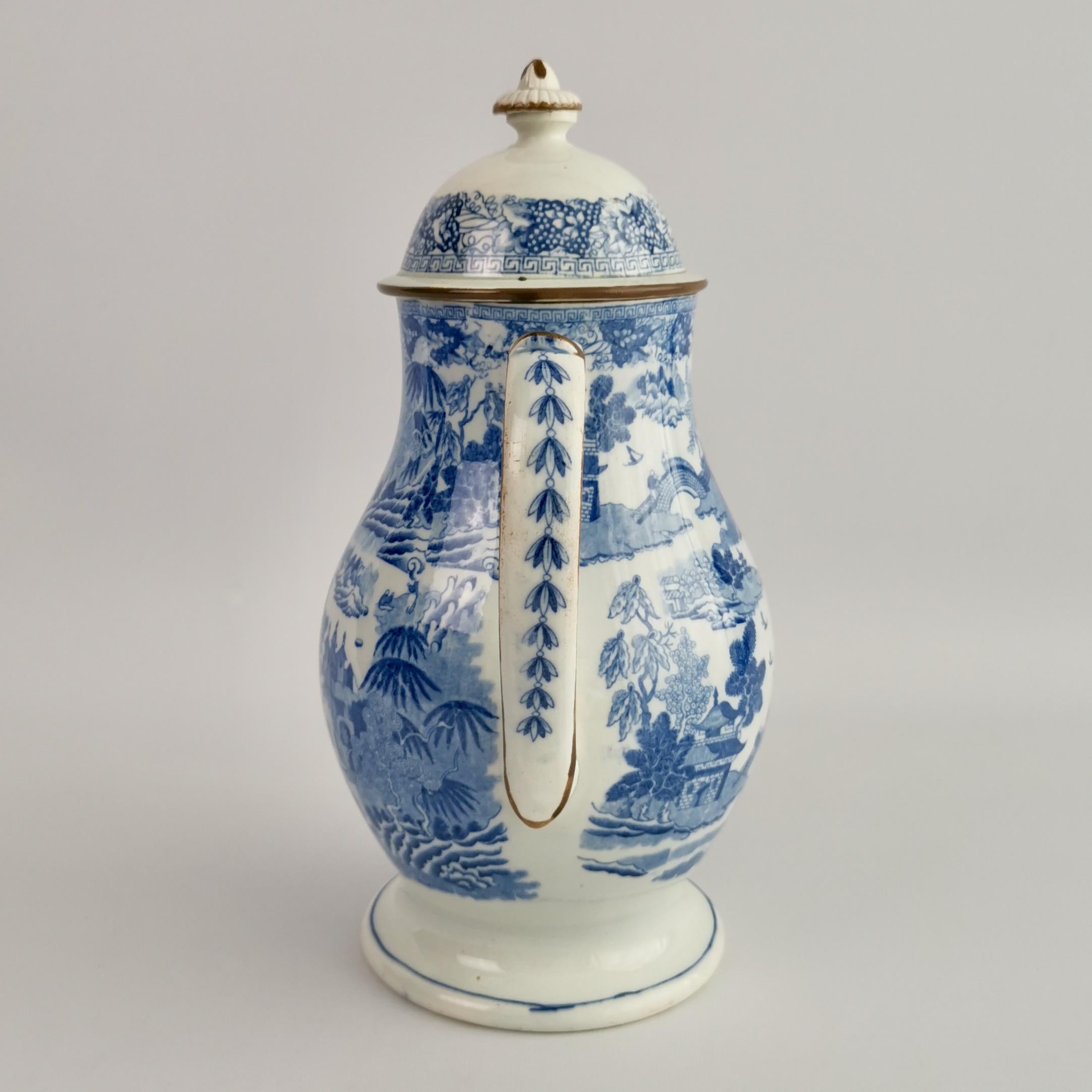 Regency Rathbone Pearlware Coffee Pot, Pagoda Pattern Blue and White, ca 1815