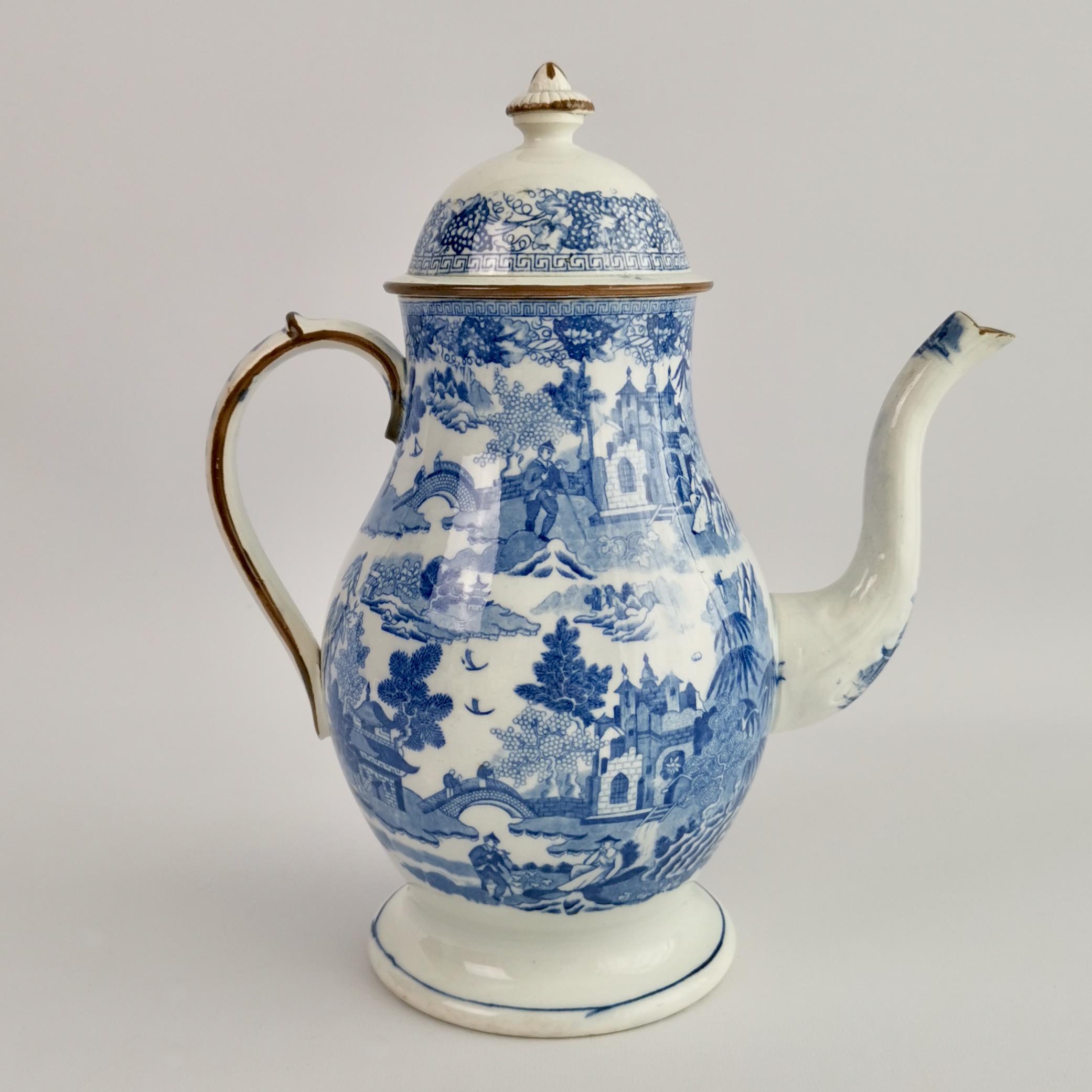 English Rathbone Pearlware Coffee Pot, Pagoda Pattern Blue and White, ca 1815