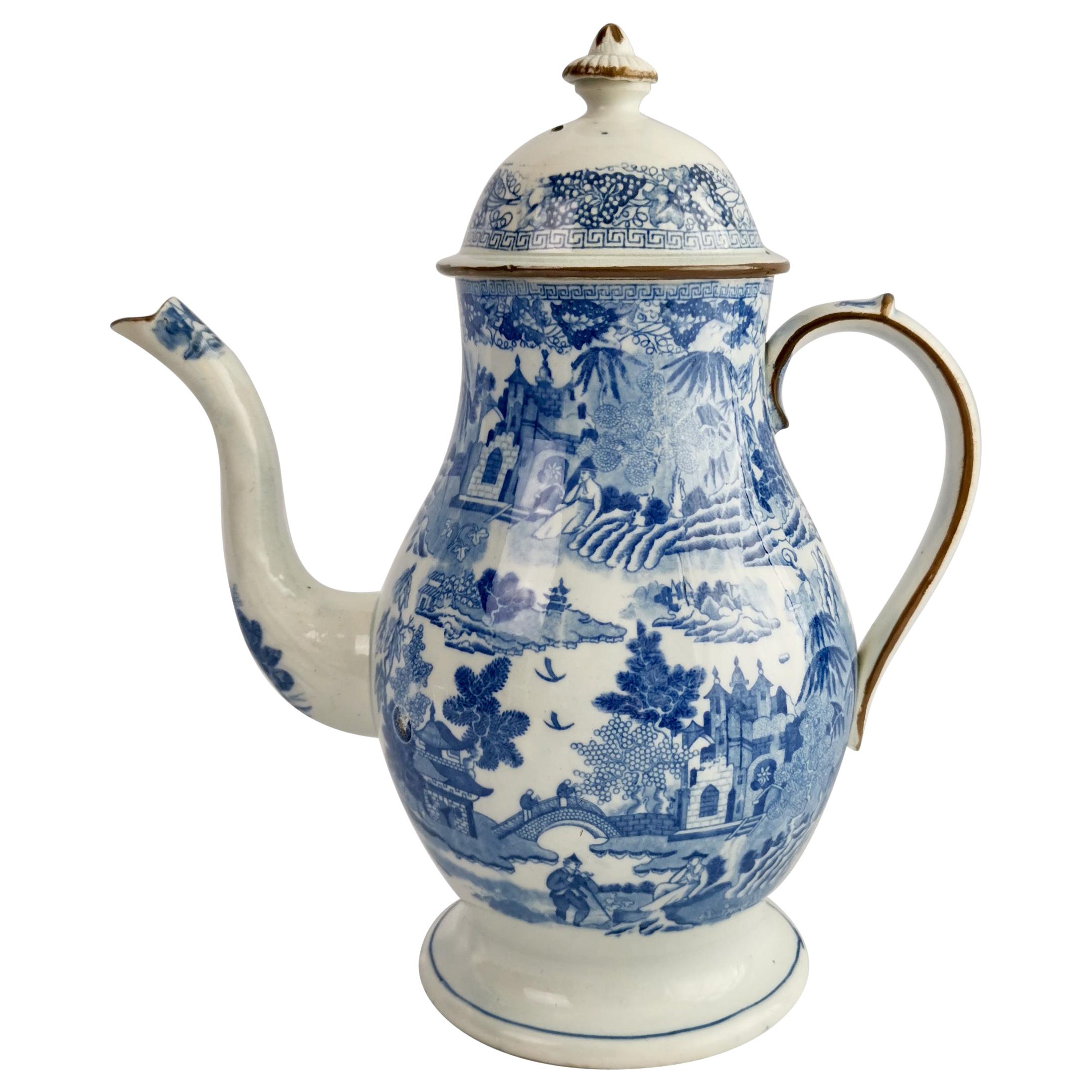 Rathbone Pearlware Coffee Pot, Pagoda Pattern Blue and White, ca 1815