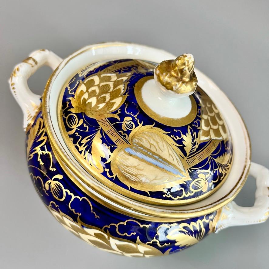 Early 19th Century Rathbone Porcelain Sucrier & Cover, Cobalt Blue Gilt Artichoke, 