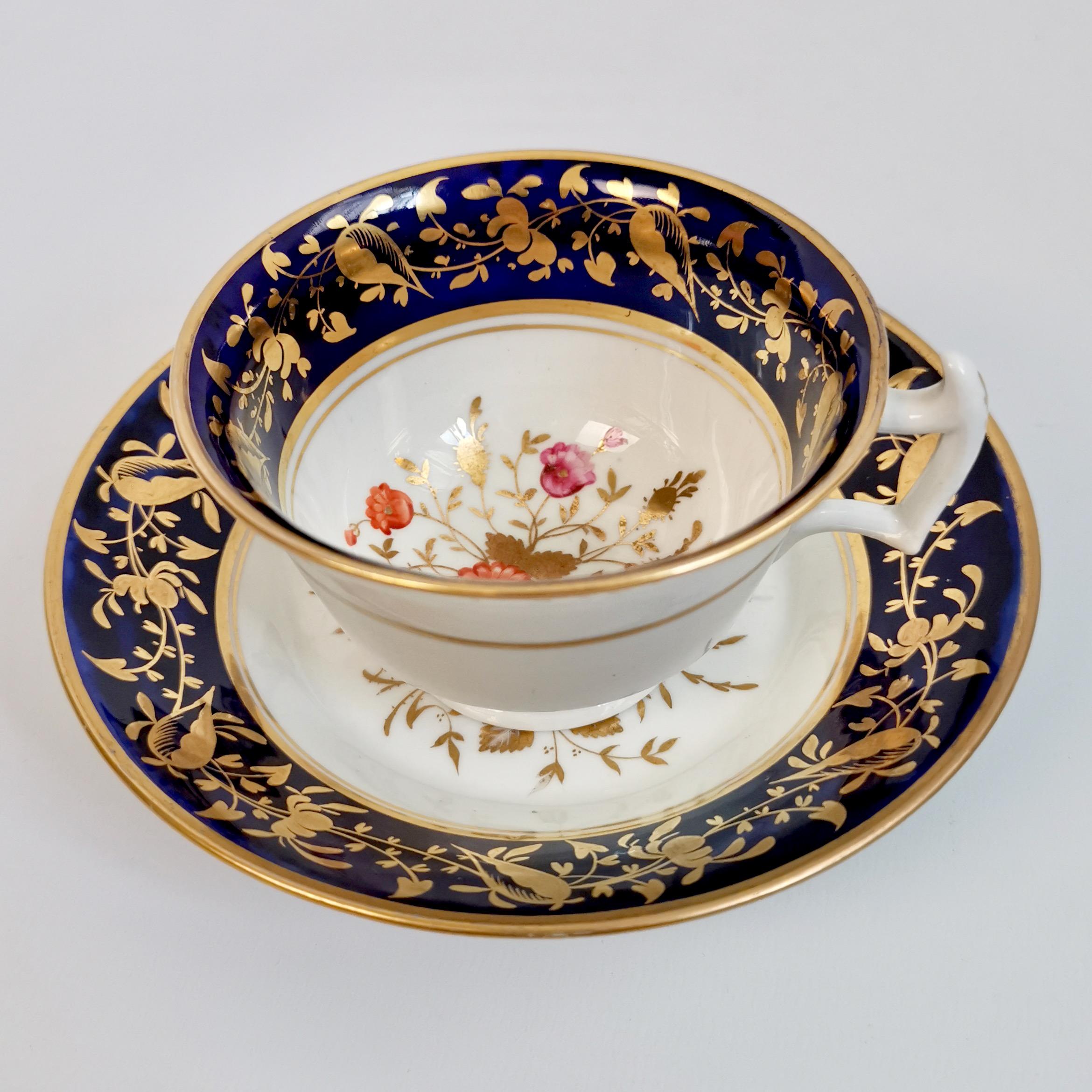English Rathbone Porcelain Teacup, Cobalt Blue, Gilt and Flowers, Regency ca 1815