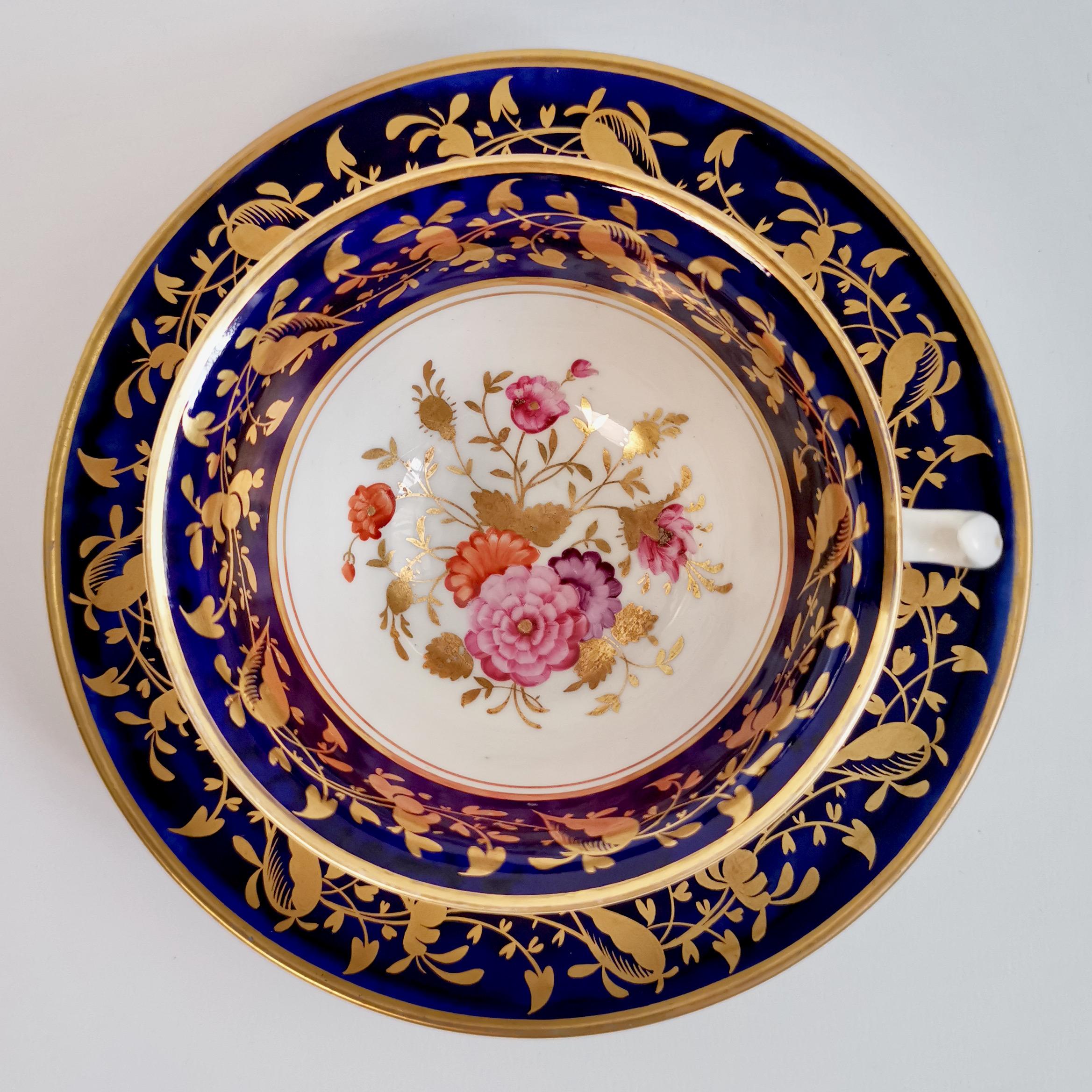 Hand-Painted Rathbone Porcelain Teacup, Cobalt Blue, Gilt and Flowers, Regency ca 1815