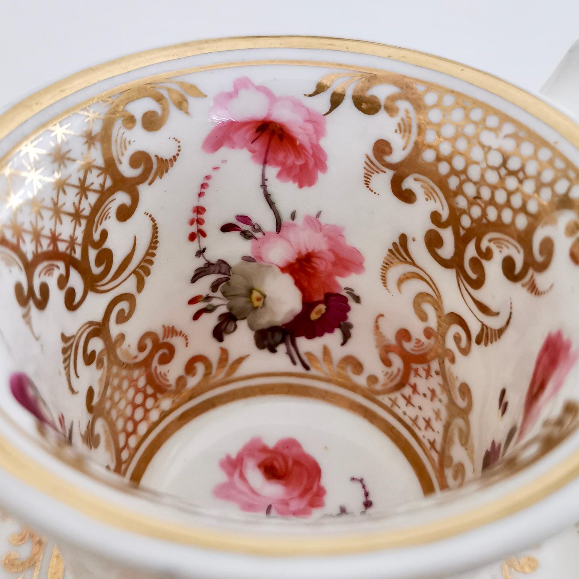 Rathbone Porcelain Teacup Trio, Hand Painted Flowers and Gilt, Regency ca 1820 12