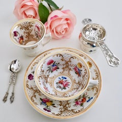 Rathbone Porcelain Teacup Trio, Hand Painted Flowers and Gilt, Regency ca 1820