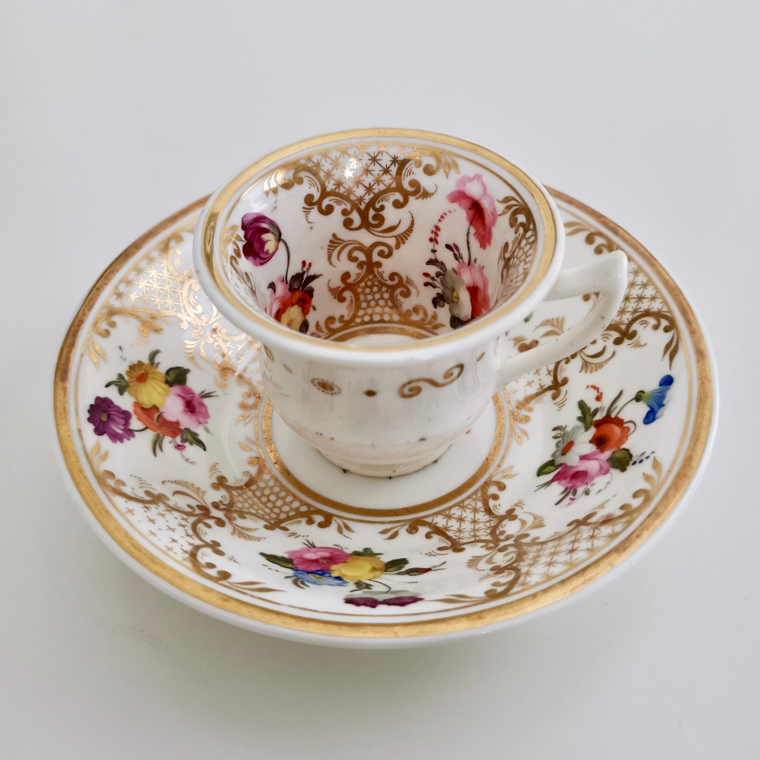 English Rathbone Porcelain Teacup Trio, Hand Painted Flowers and Gilt, Regency ca 1820
