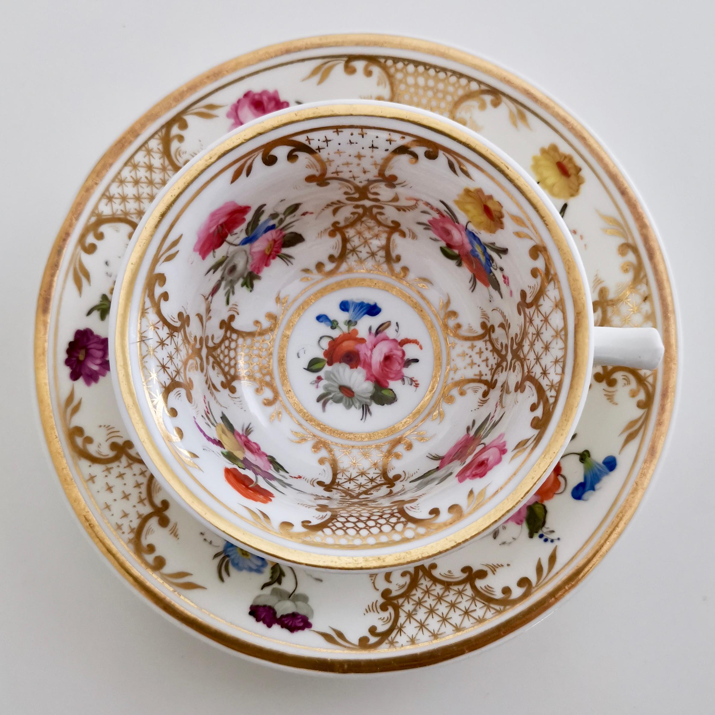 Hand-Painted Rathbone Porcelain Teacup Trio, Hand Painted Flowers and Gilt, Regency ca 1820