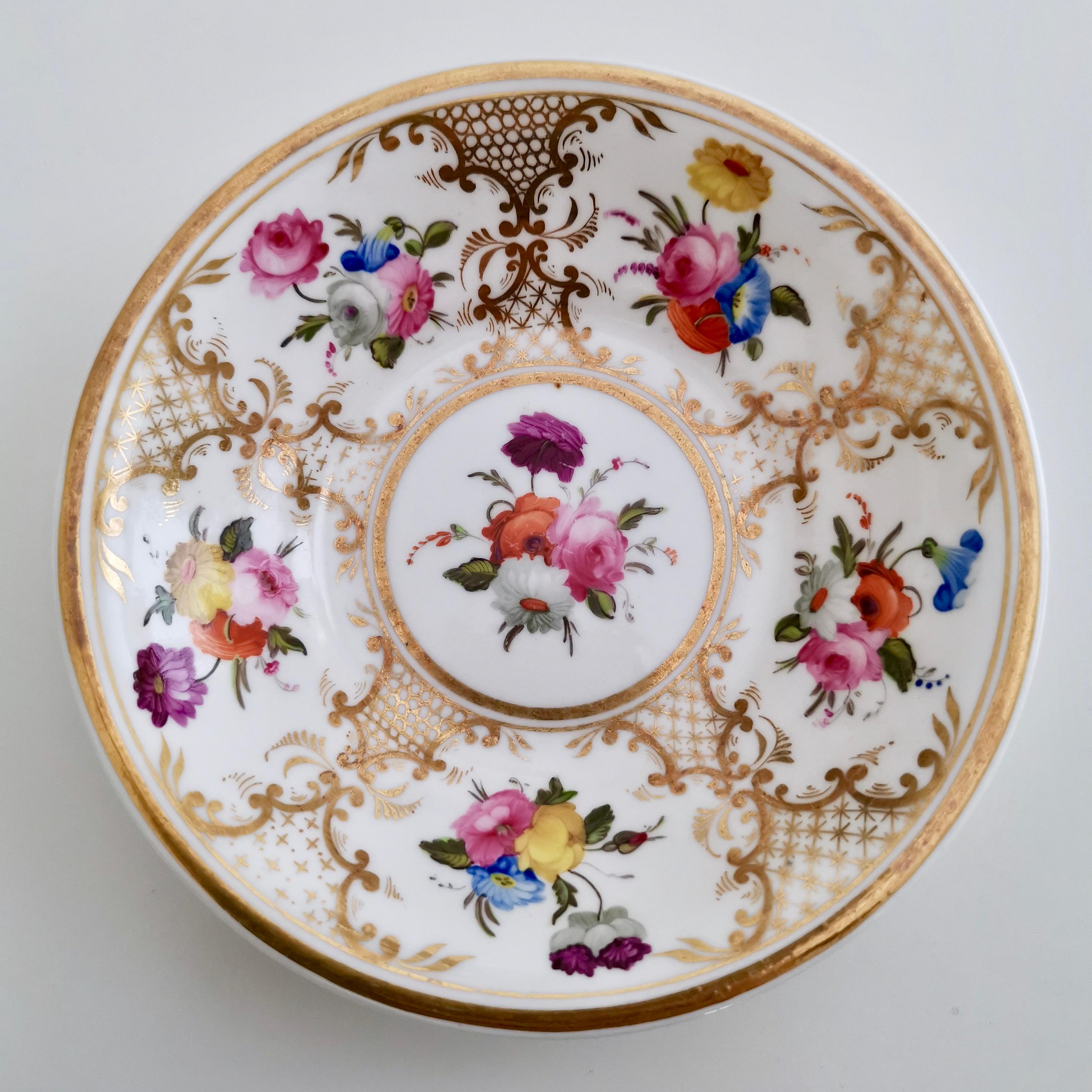 Early 19th Century Rathbone Porcelain Teacup Trio, Hand Painted Flowers and Gilt, Regency ca 1820