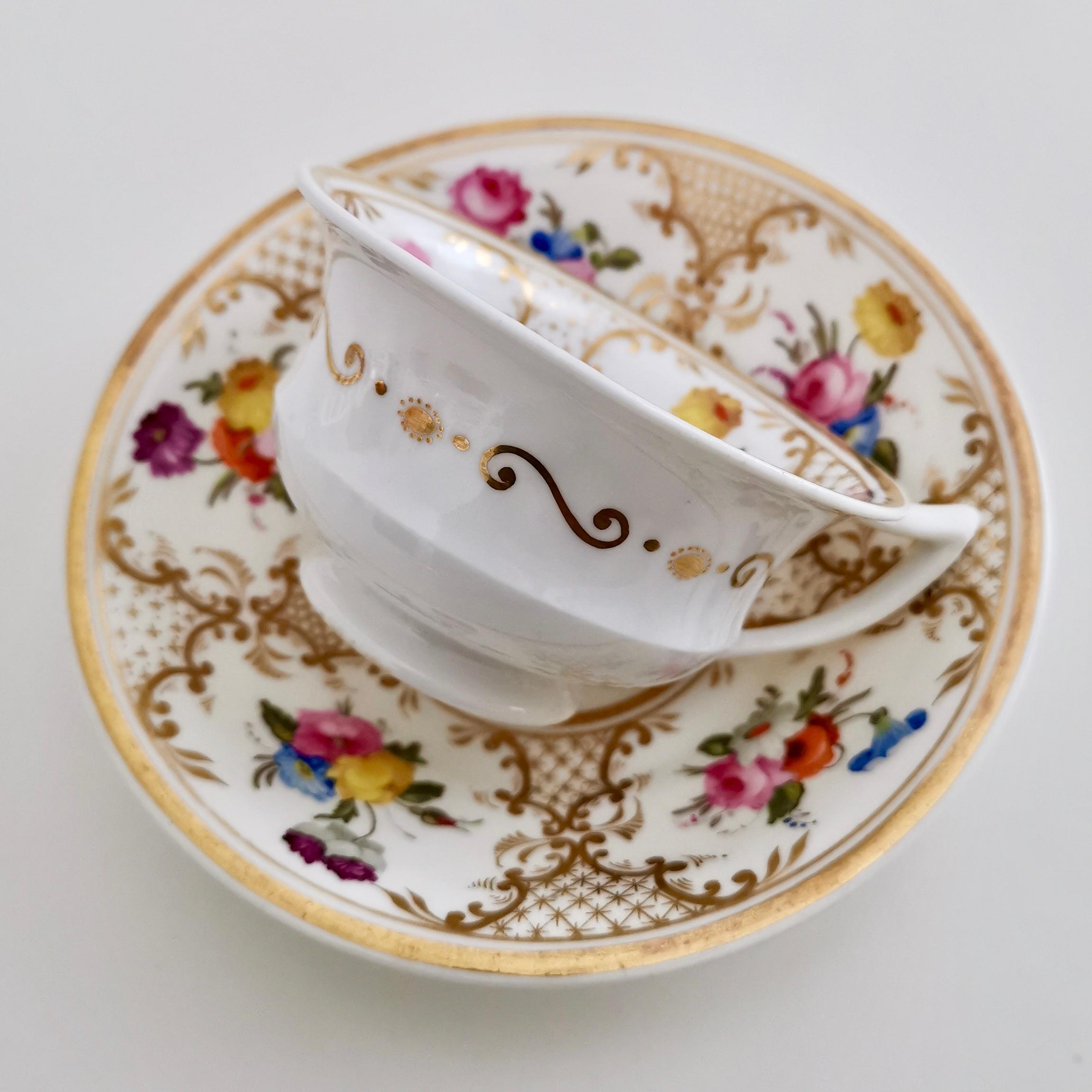Rathbone Porcelain Teacup Trio, Hand Painted Flowers and Gilt, Regency ca 1820 1