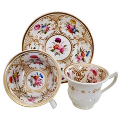 Rathbone Porcelain Teacup Trio, Hand Painted Flowers and Gilt, Regency ca 1820