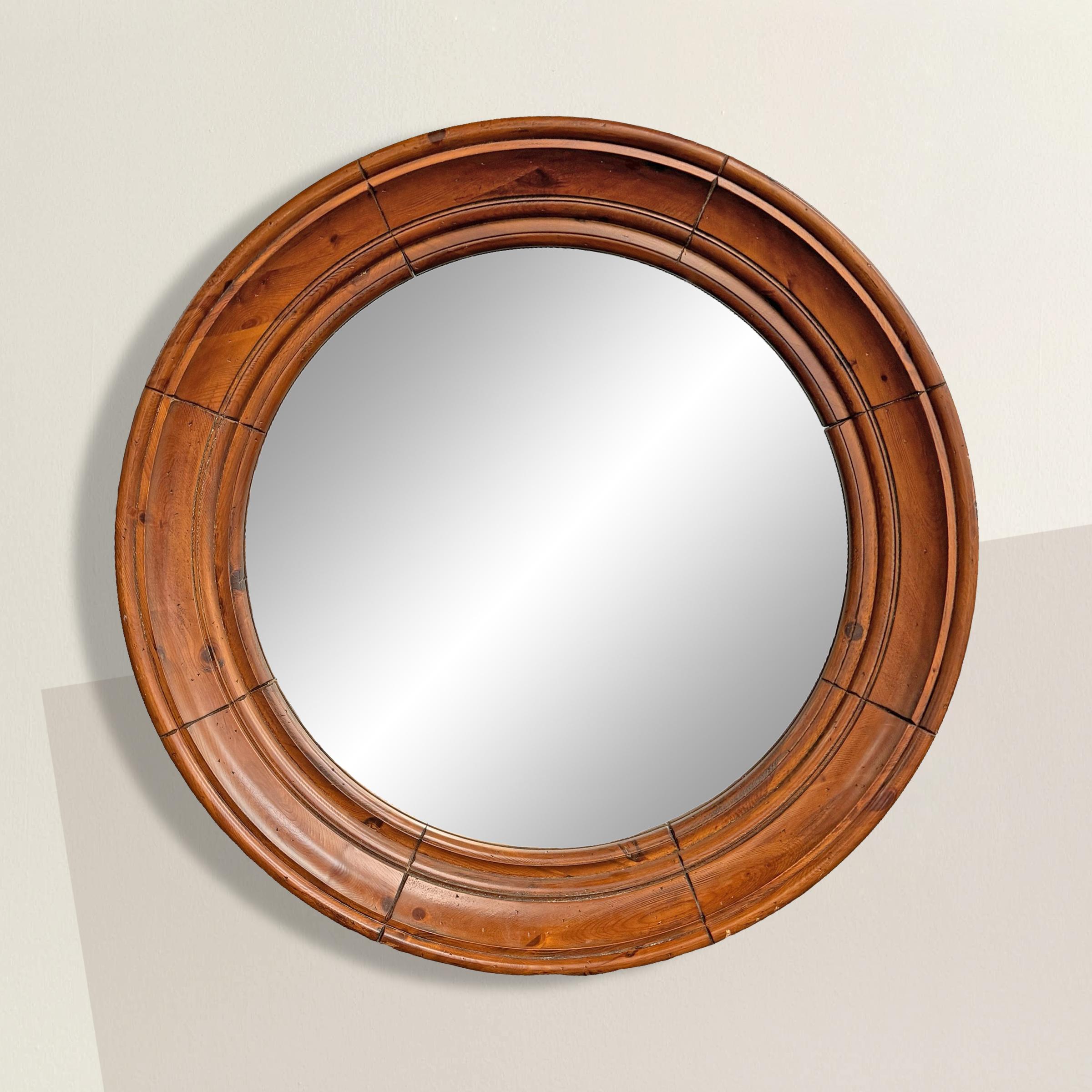 Elevate the ambiance of your living space with this stunning large round pine framed mirror, boasting a deep profile for a bold statement. Crafted with meticulous attention to detail, its generous size is perfectly scaled to command attention over a