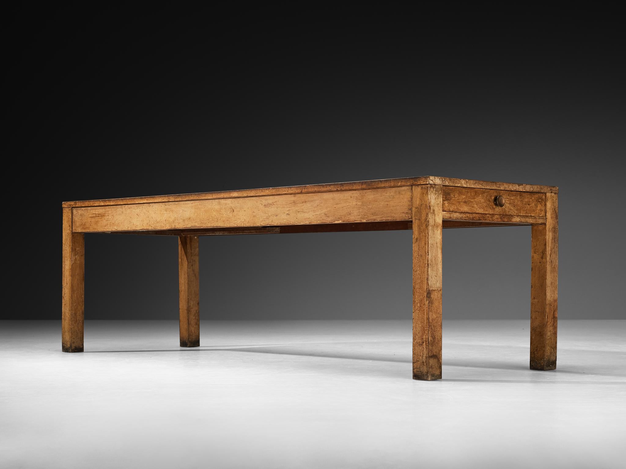 Brass Rationalist 1930s Large Italian Table in Walnut and Linoleum For Sale