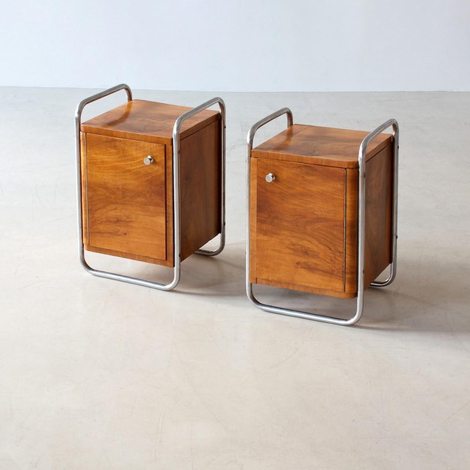 Modern Rationalist Bedside Cabinets, Nickel Plated Metal, Walnut Veneer, Italy c. 1930