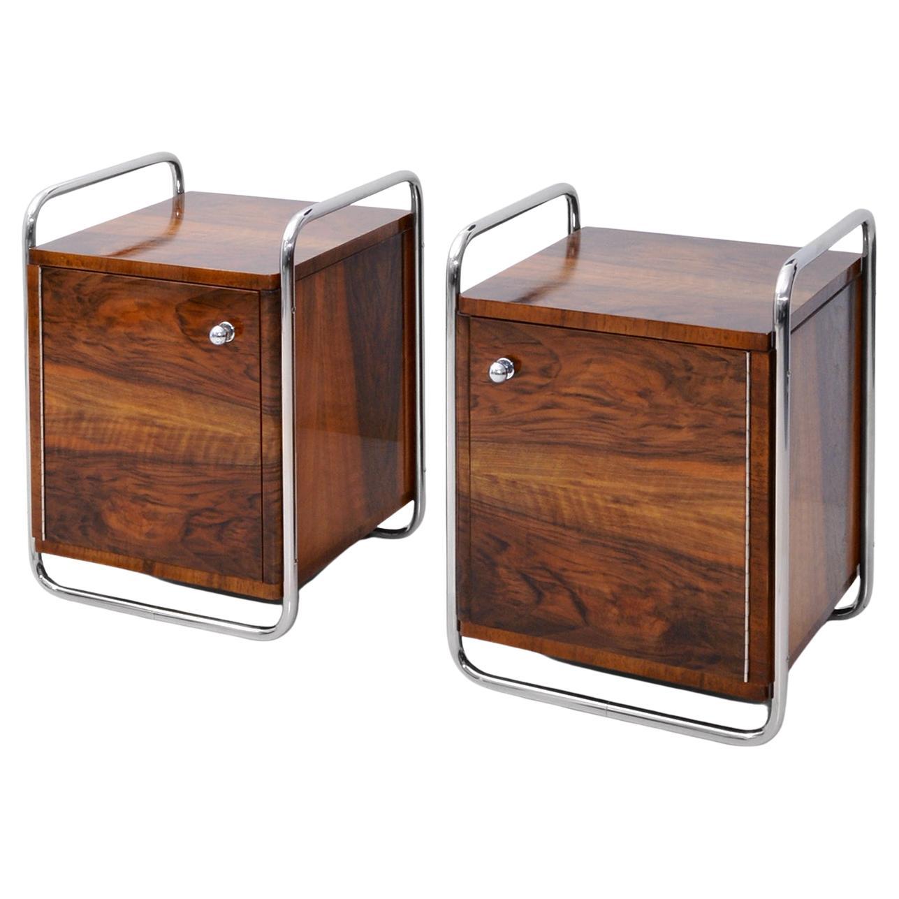 Rationalist Bedside Cabinets, Nickel Plated Metal, Walnut Veneer, Italy ca. 1930 For Sale