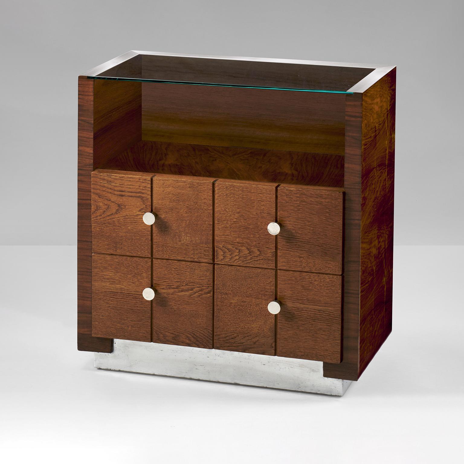 Modern Rationalist Bedside Cabinets, Plated Metal, Walnut Veneer, Glass, Italy c. 1930 For Sale