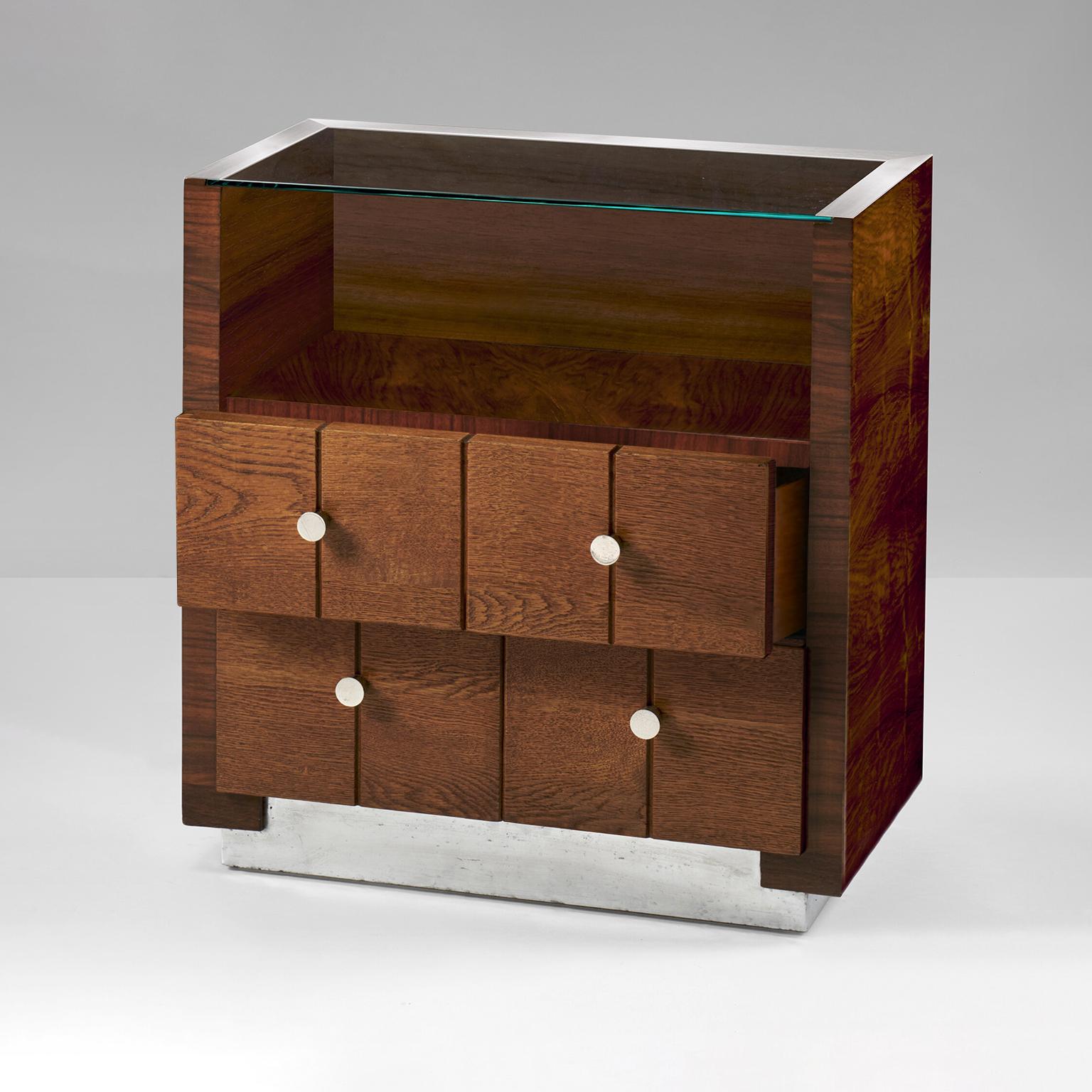 Italian Rationalist Bedside Cabinets, Plated Metal, Walnut Veneer, Glass, Italy c. 1930 For Sale