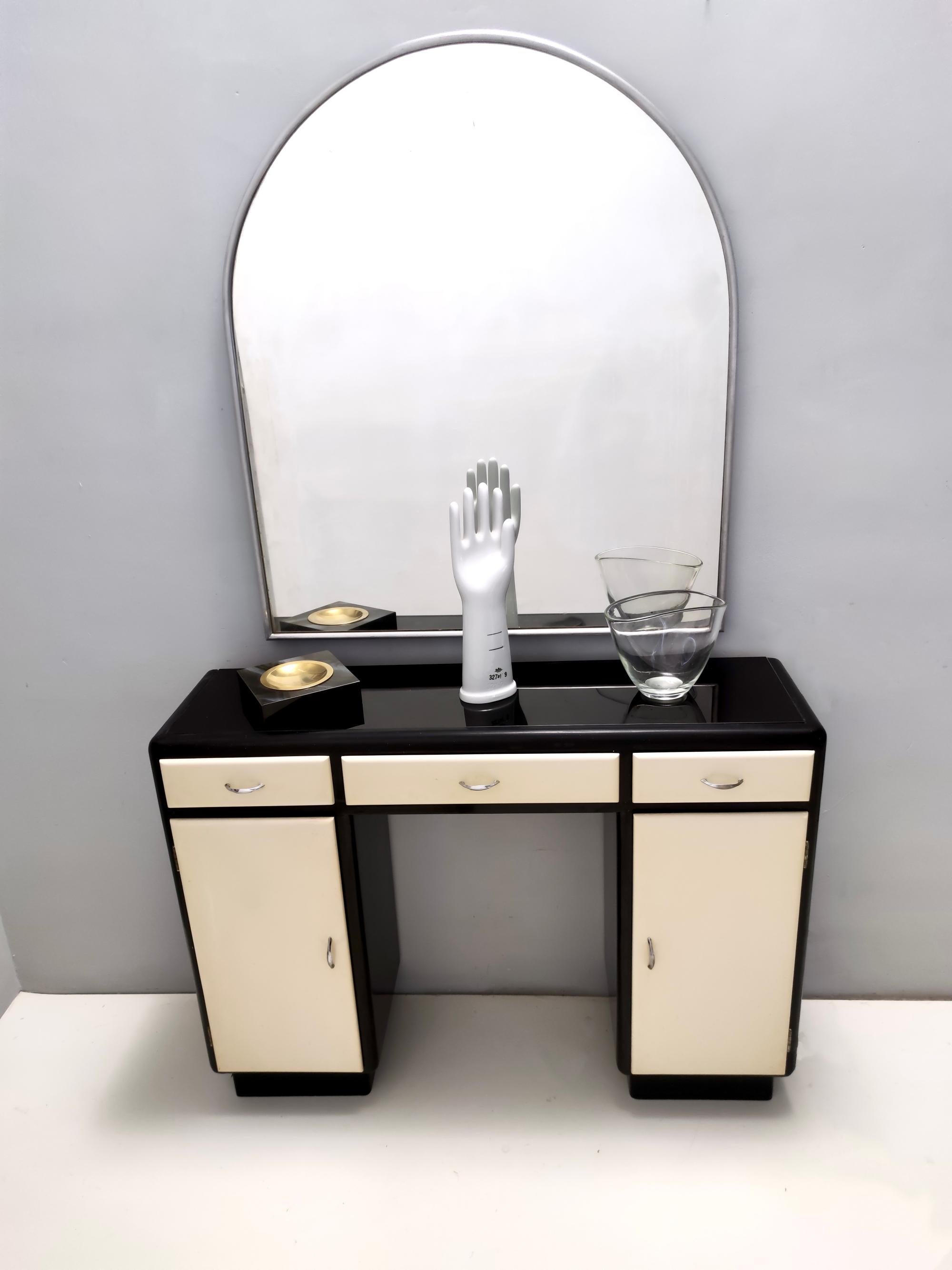 Mid-Century Modern Table console d'entrée rationaliste noire et ivoire avec plateau en verre noir, Italie en vente