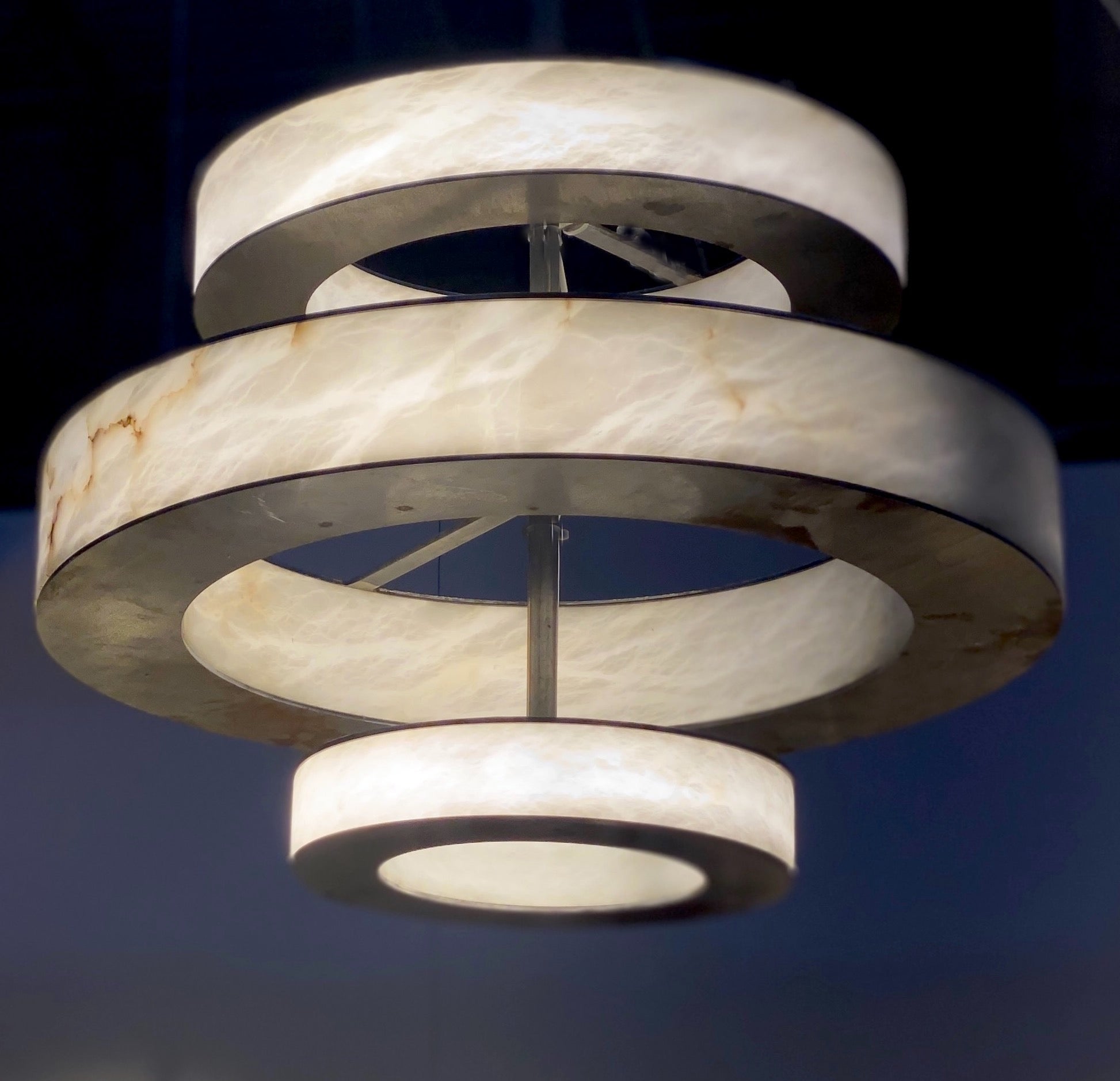 European Rationalist Contemporary Italian Alabaster Marble and Iron Chandelier For Sale