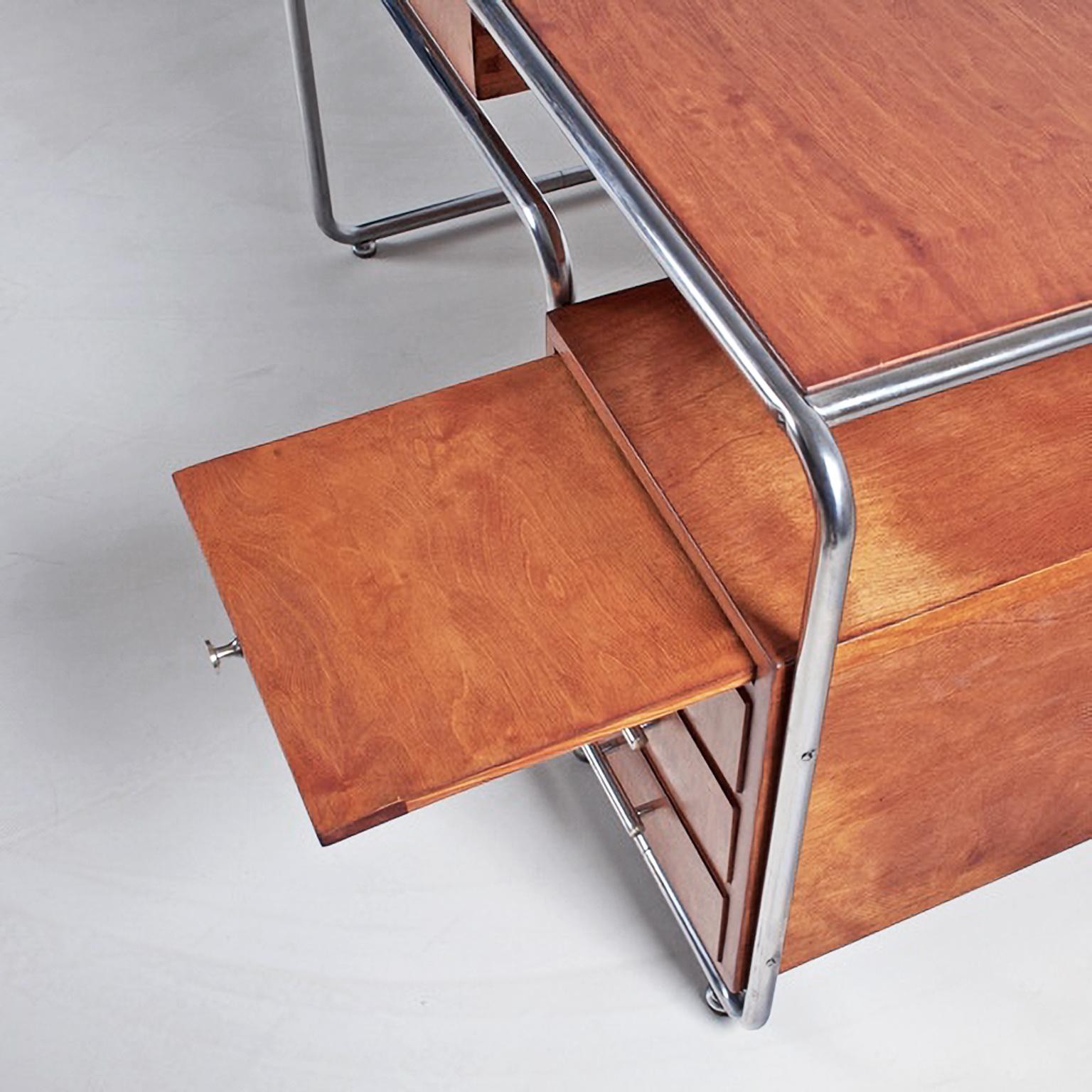 Italian Rationalist Desk Made Of Chrome Plated Steel And Stained Wood, Italy, c. 1930 For Sale
