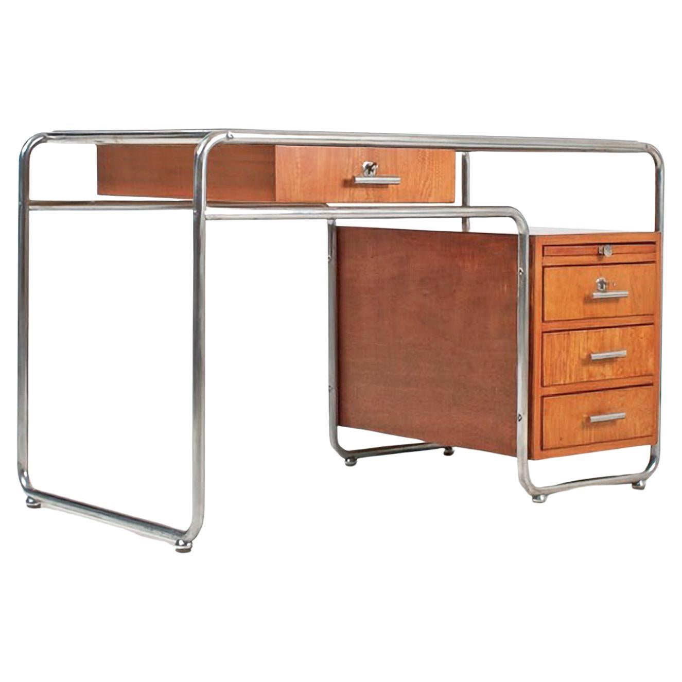 Rationalist Desk Made Of Chrome Plated Steel And Stained Wood, Italy, c. 1930