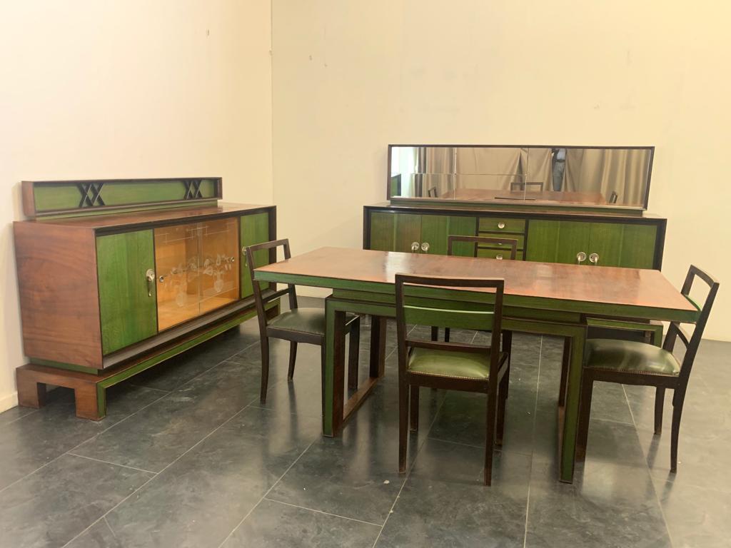 Art déco Ensemble de salle à manger Art Deco en palissandre et érable vert, ensemble de 9 pièces en vente