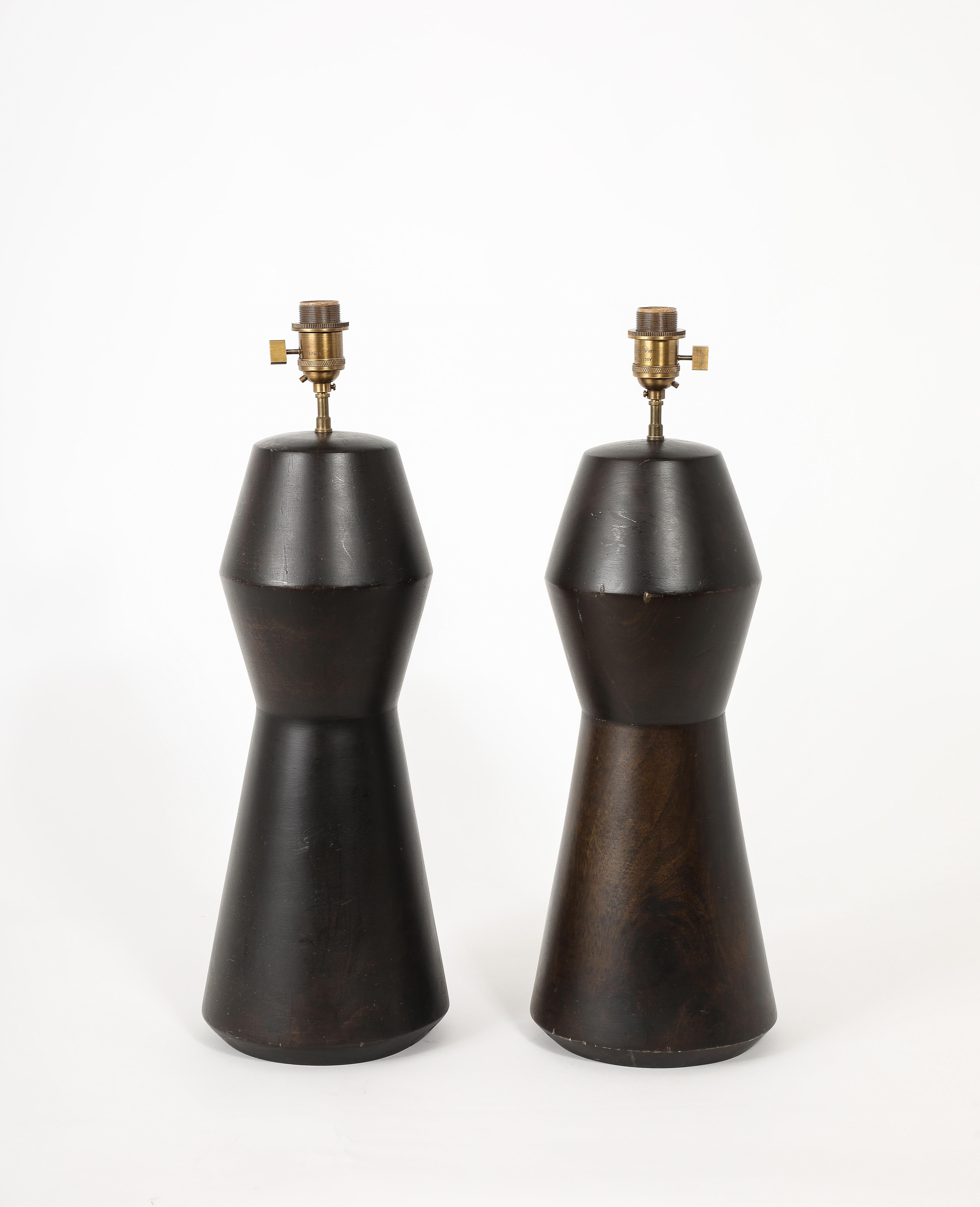 Walnut Rationalist Wood Turned Lamps, Spain 1970's For Sale
