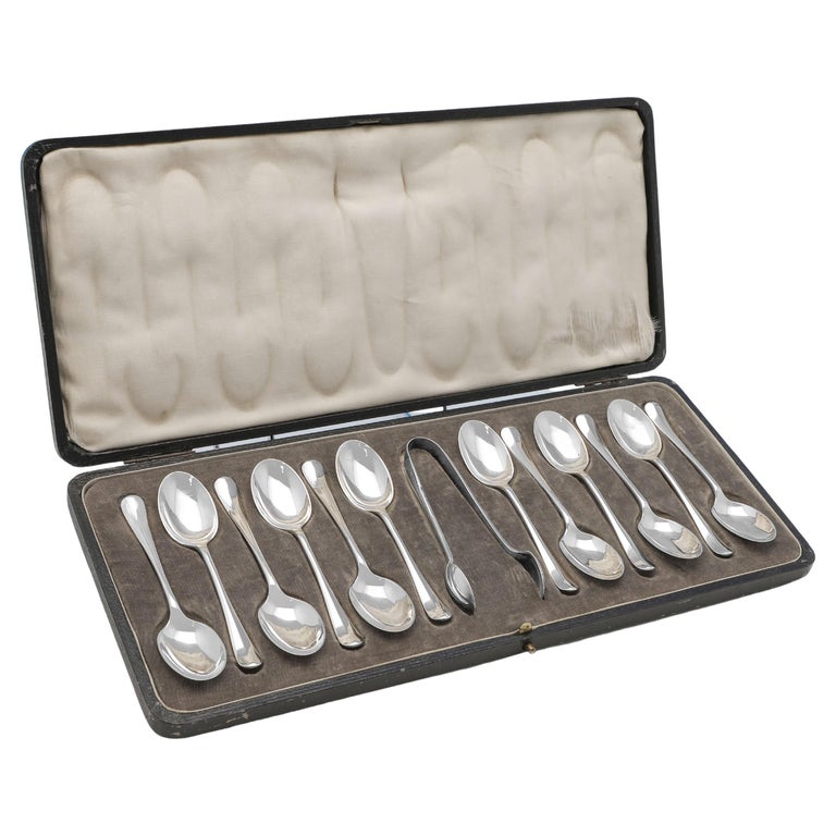 Rattail Pattern Antique Sterling Silver Tea Spoons and Sugar Tongs