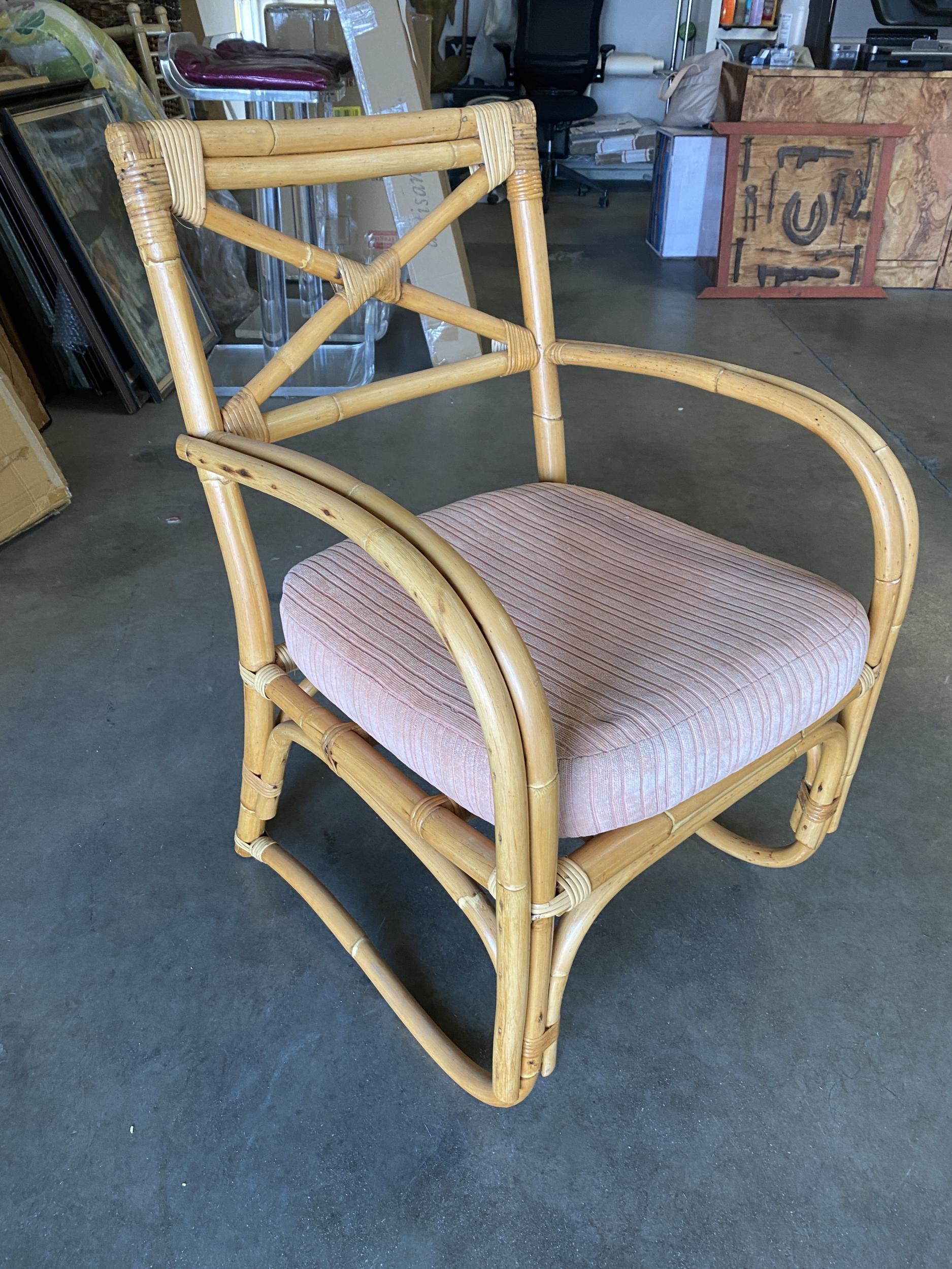 Rattan 2-strand X-Back rattan living-room lounge chair with 2-strand streamline speed arms. 

Great example of early post-war American rattan furniture.

Chair: 34