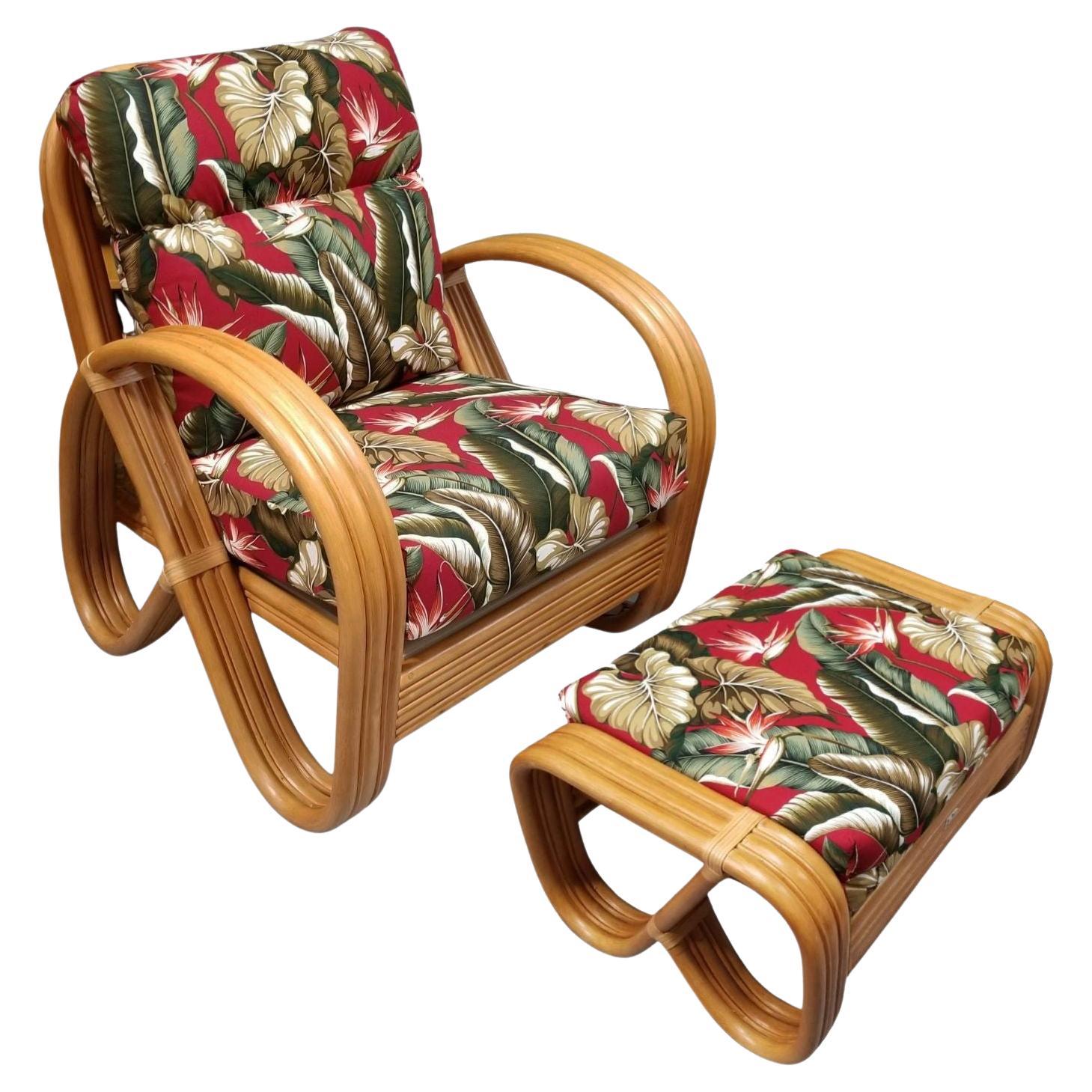 Rattan 3-Strand Pretzel Lounge Chair and Ottoman For Sale