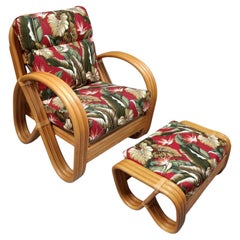 Retro Rattan 3-Strand Pretzel Lounge Chair and Ottoman