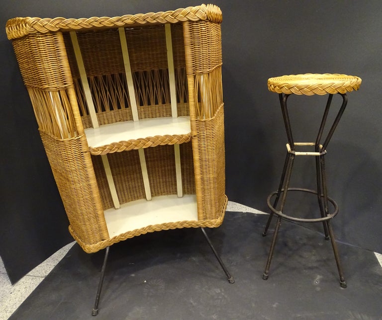 Hand-Crafted Rattan 60s Italian Corner Dry Bar with a Stool For Sale