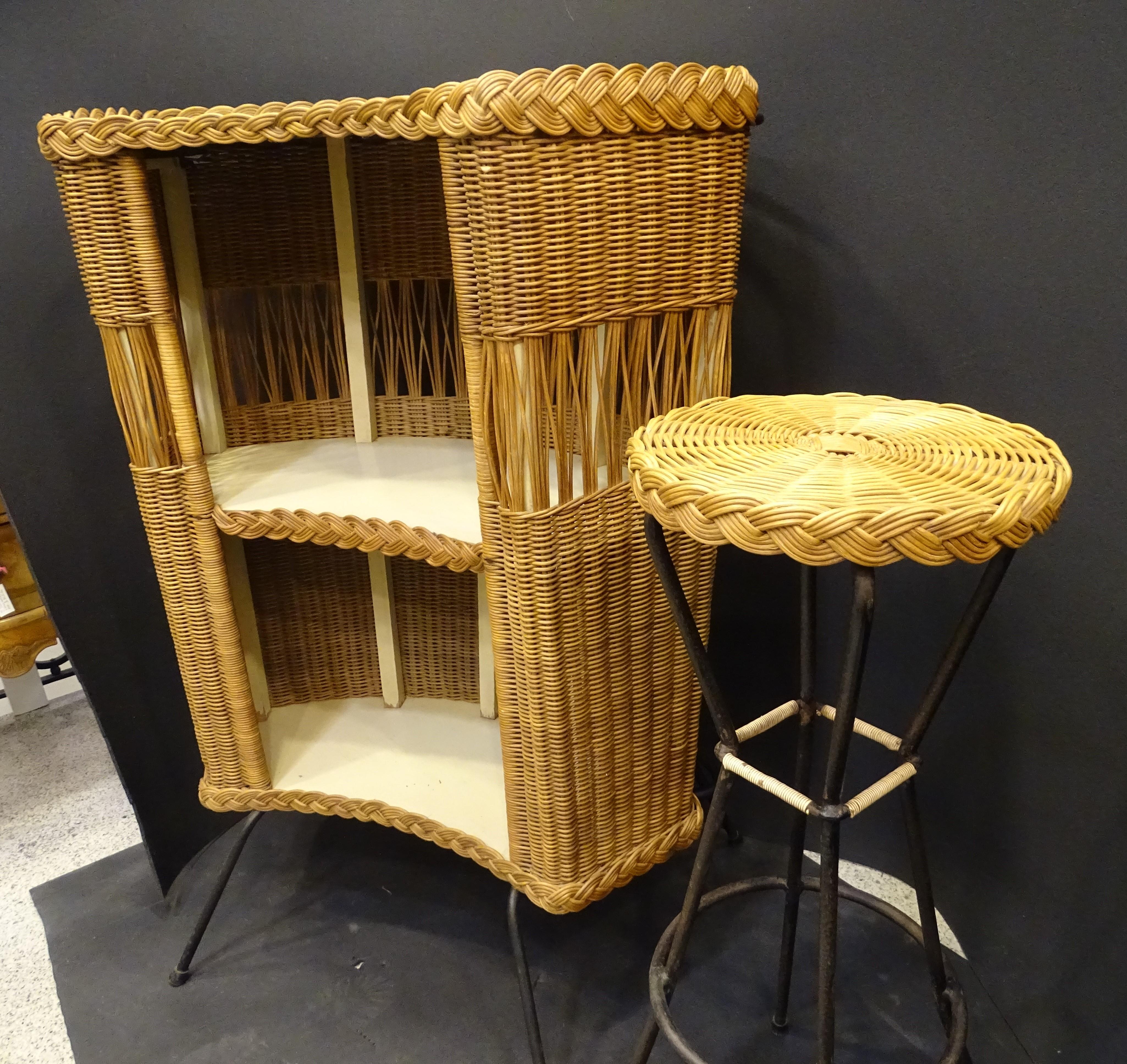 Hand-Crafted Rattan 60s Italian Corner Dry Bar with a Stool