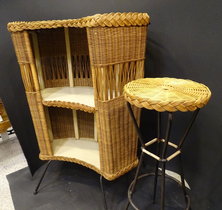 Wrought Iron Rattan 60s Italian Corner Dry Bar with a Stool For Sale