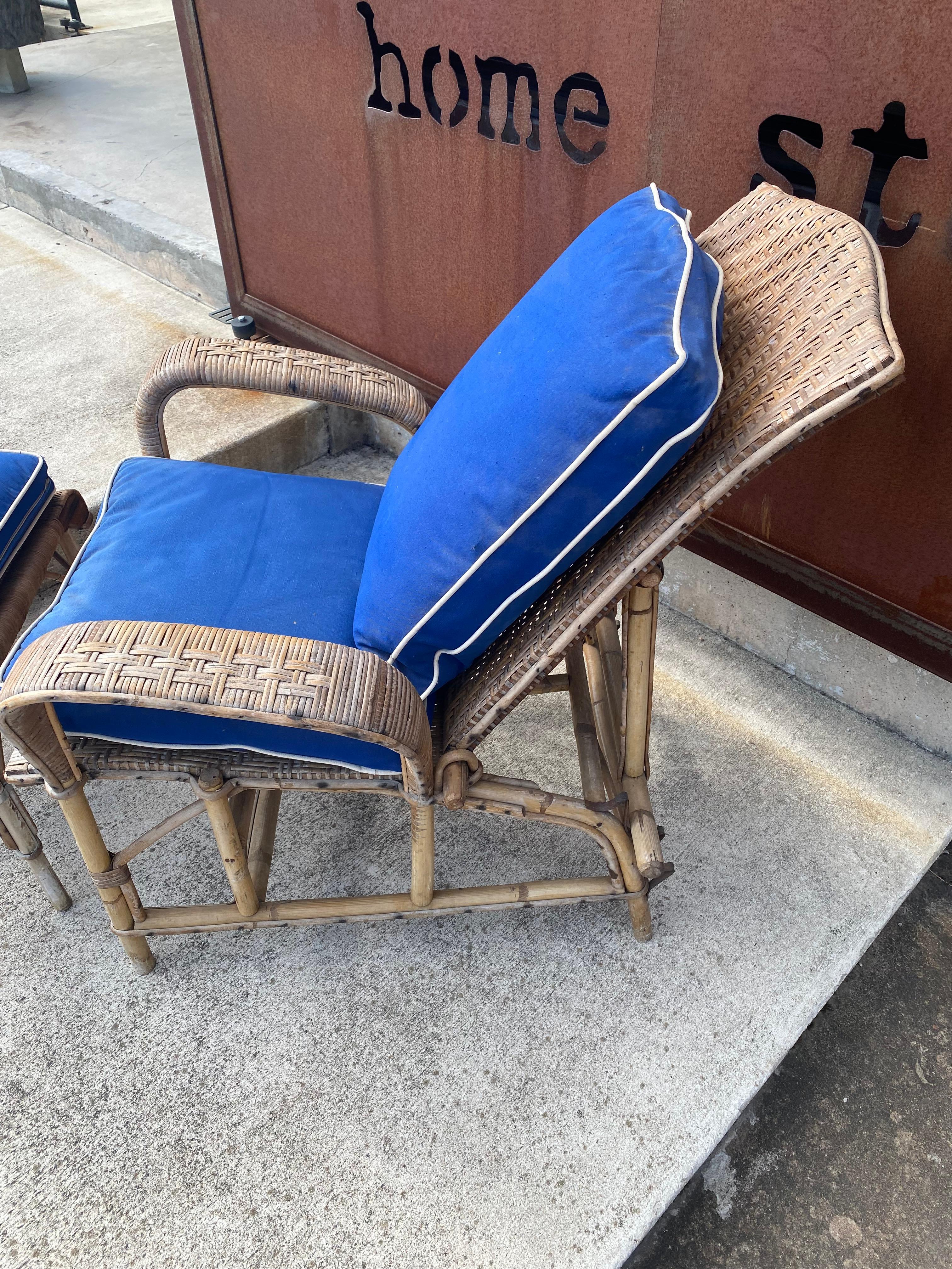Rattan Adjustable Armchair with Ottoman, France, 1950's In Good Condition In Austin, TX
