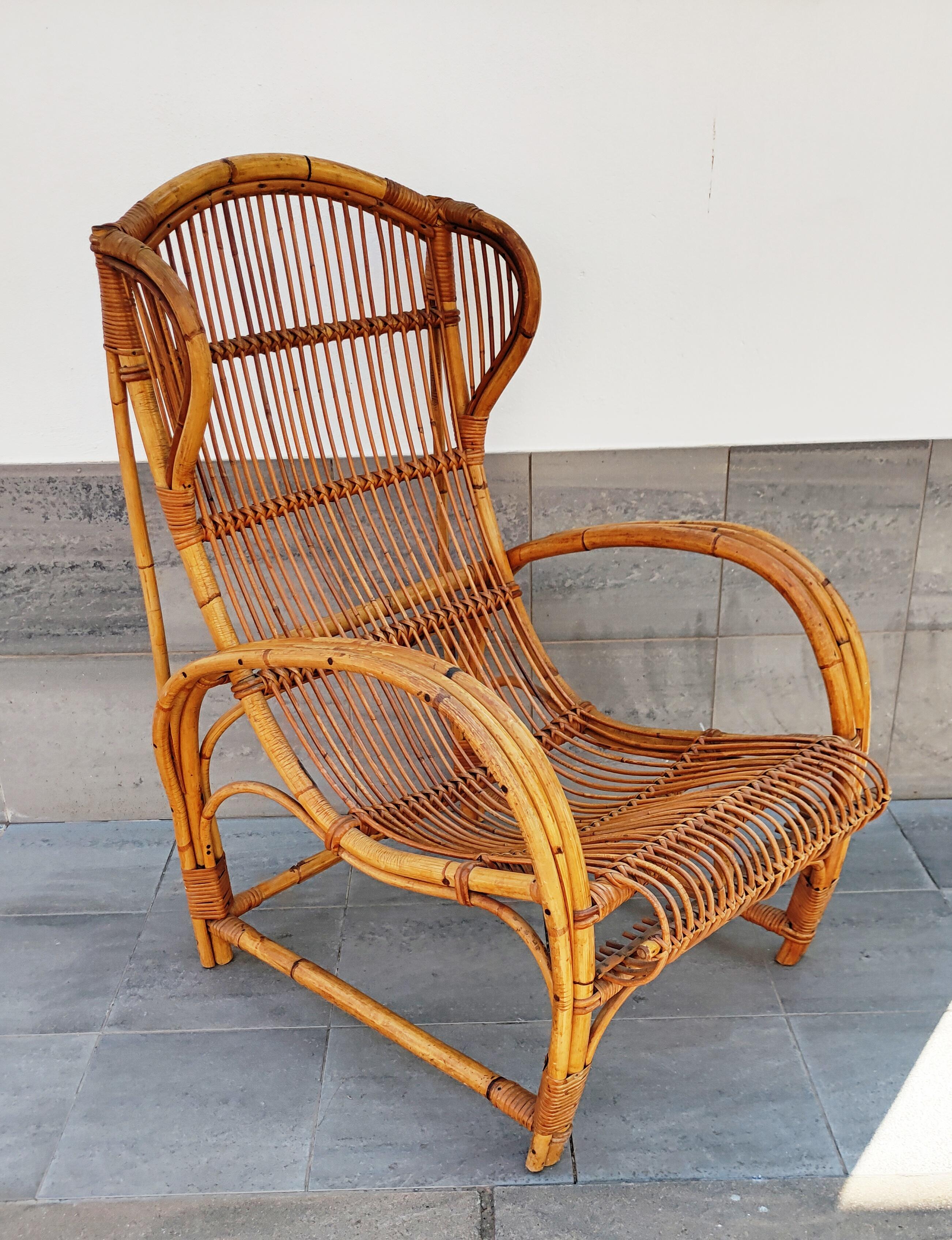 Rattan and Bamboo Armchair, Italy, 1960s For Sale 7